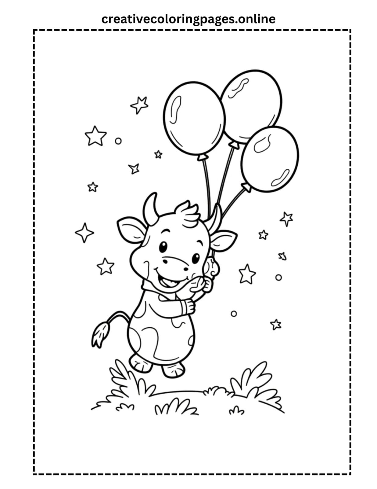 Baby Cow Holding Baloons Coloring Page PDF - Image 1