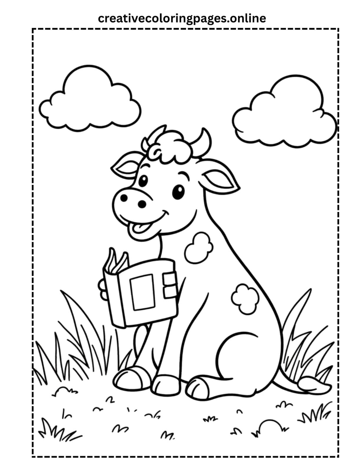 Clarabelle Cow Sitting and Reading Coloring Page PDF - Image 1