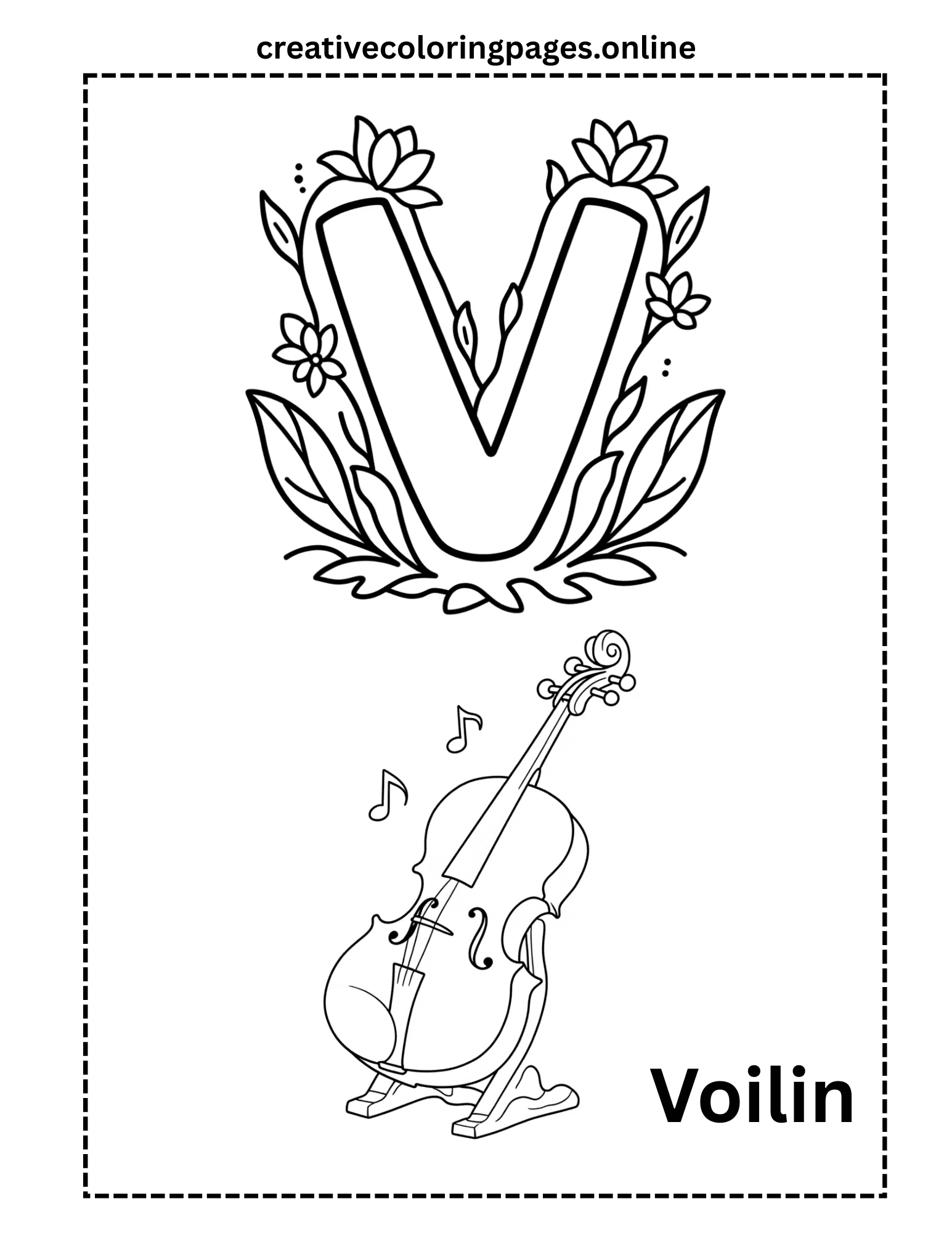Letter V Coloring Page - Violin Alphabet Free Printable - Image 1