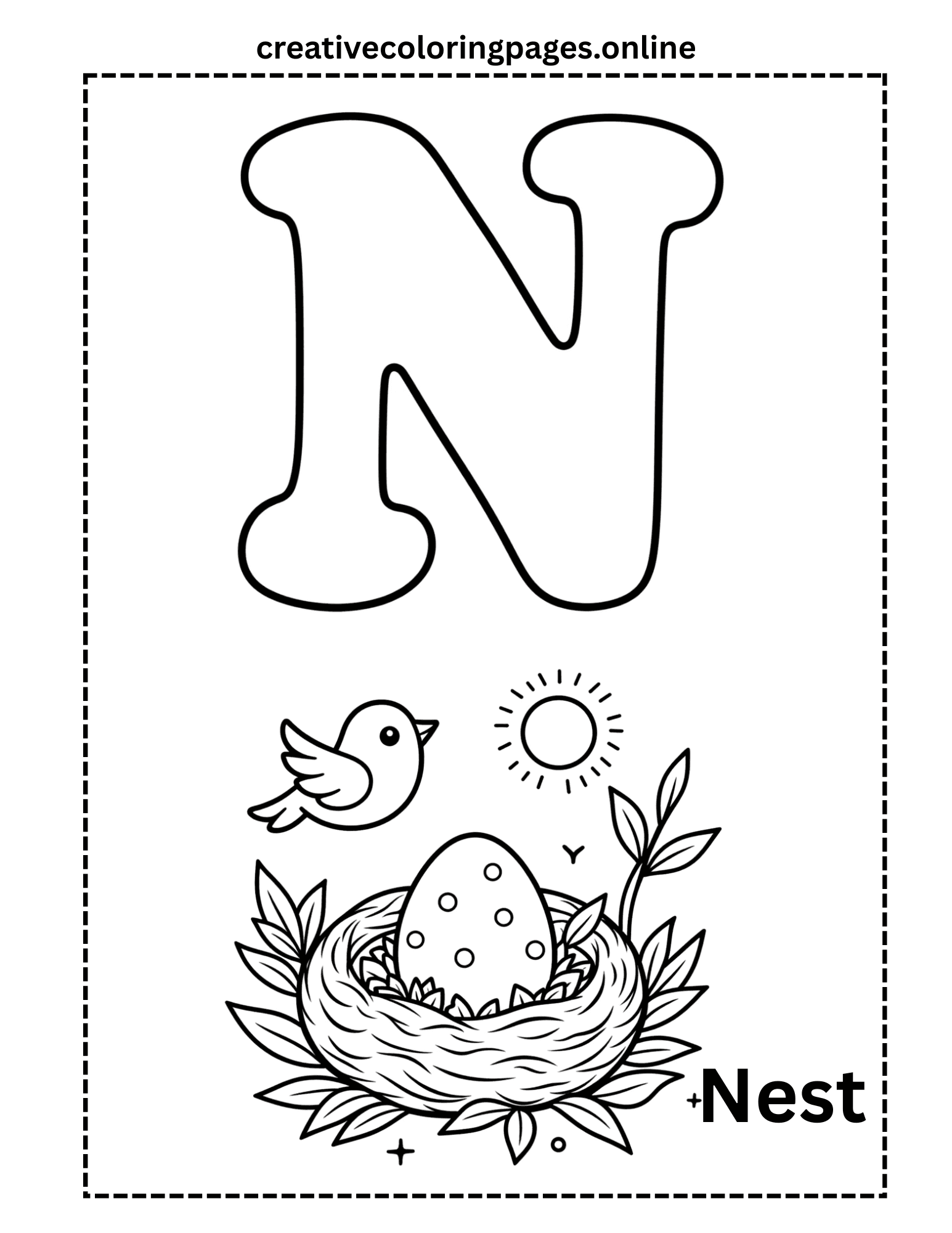 Letter N Coloring Page - Nest Alphabet - Image 1