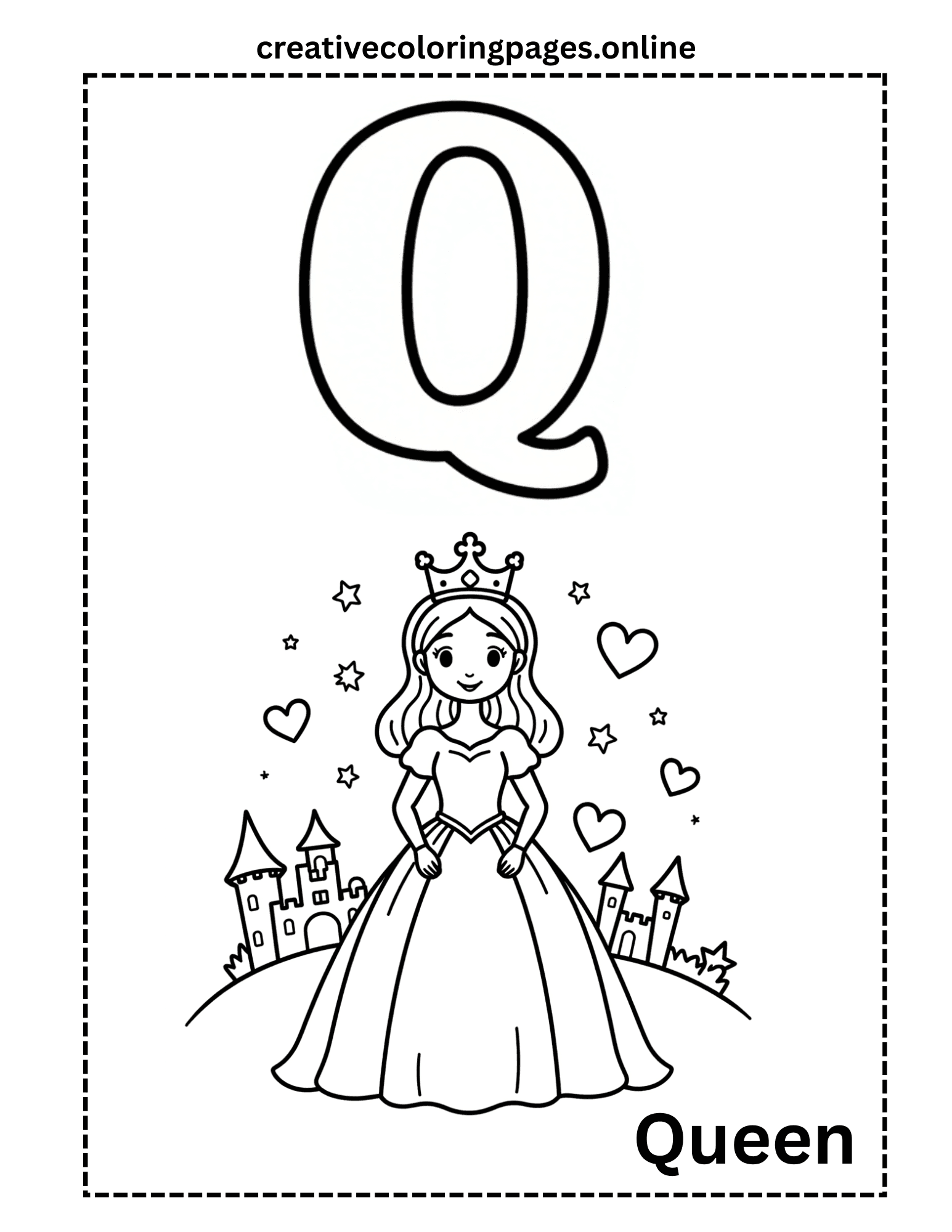 Free Letter Q Queen Coloring Page - Princess Castle - Image 1
