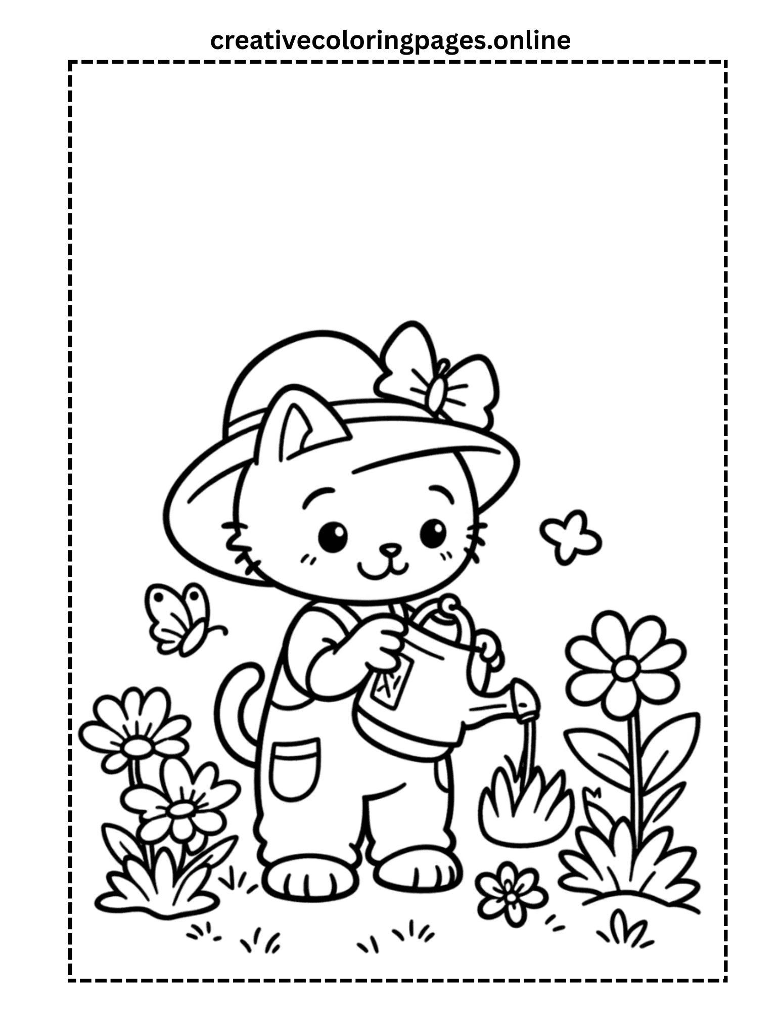 Garden Cat Coloring Page - Cute Kawaii Cat with Flowers PDF