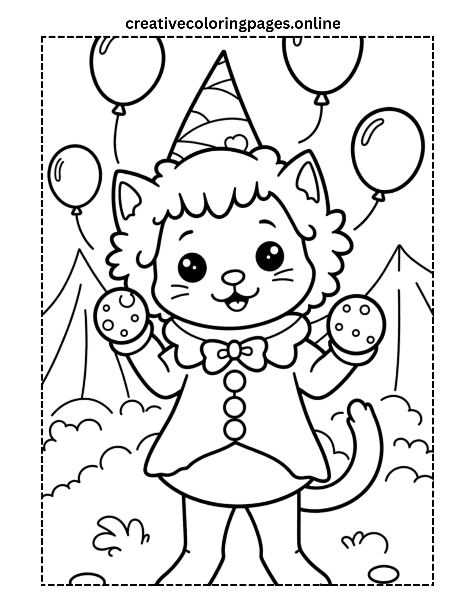 Circus Cat Coloring Page - Cute Clown Cat Party