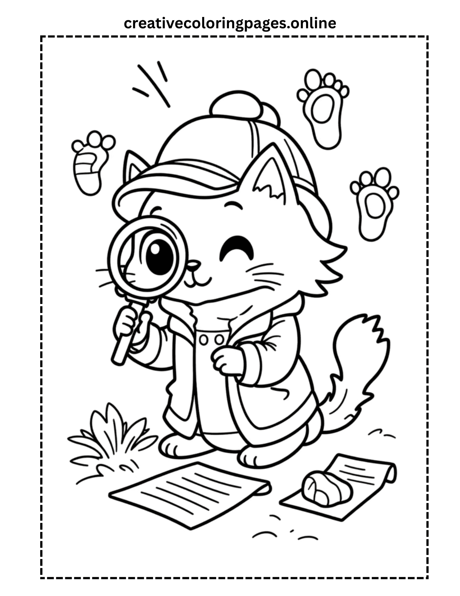 Detective Cat Coloring Page - Kawaii Cat Investigato