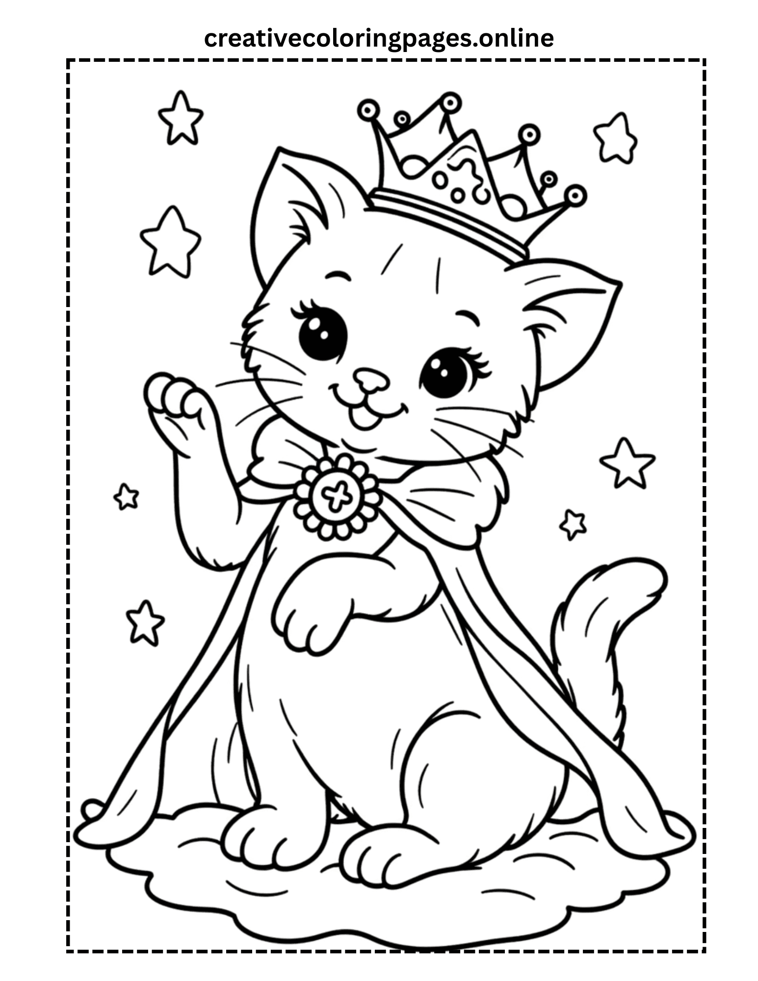 Princess Cat Coloring Page - Royal Kawaii Cat with Crown