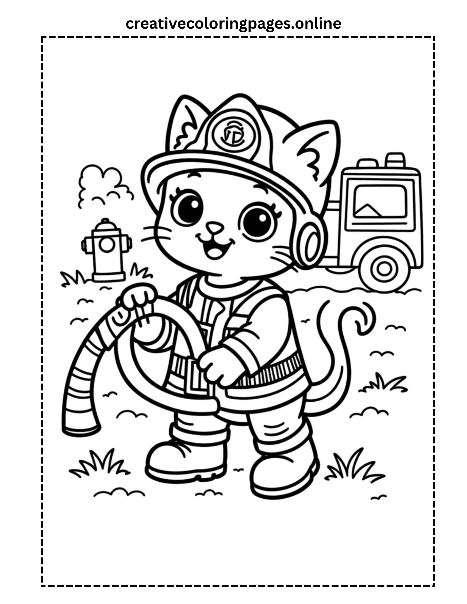 Firefighter Cat Coloring Page - Kawaii Fire Cat with Truck - Image 1