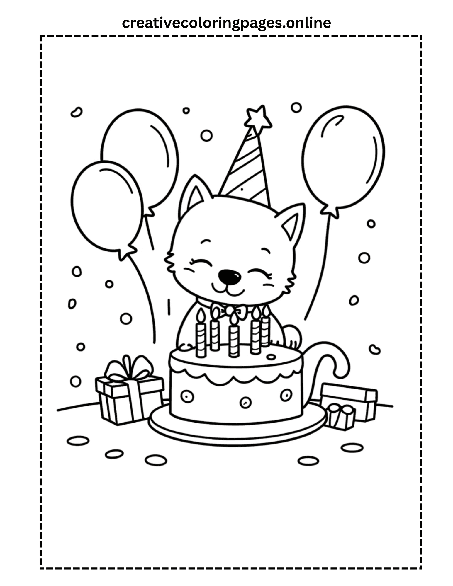 Birthday Cat Coloring Page - Party Cat with Cake