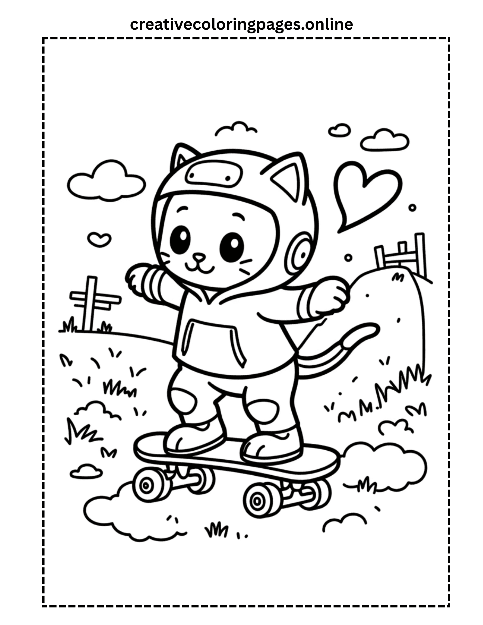 Skateboard Cat Coloring Page - Kawaii Cat Skating - Image 1