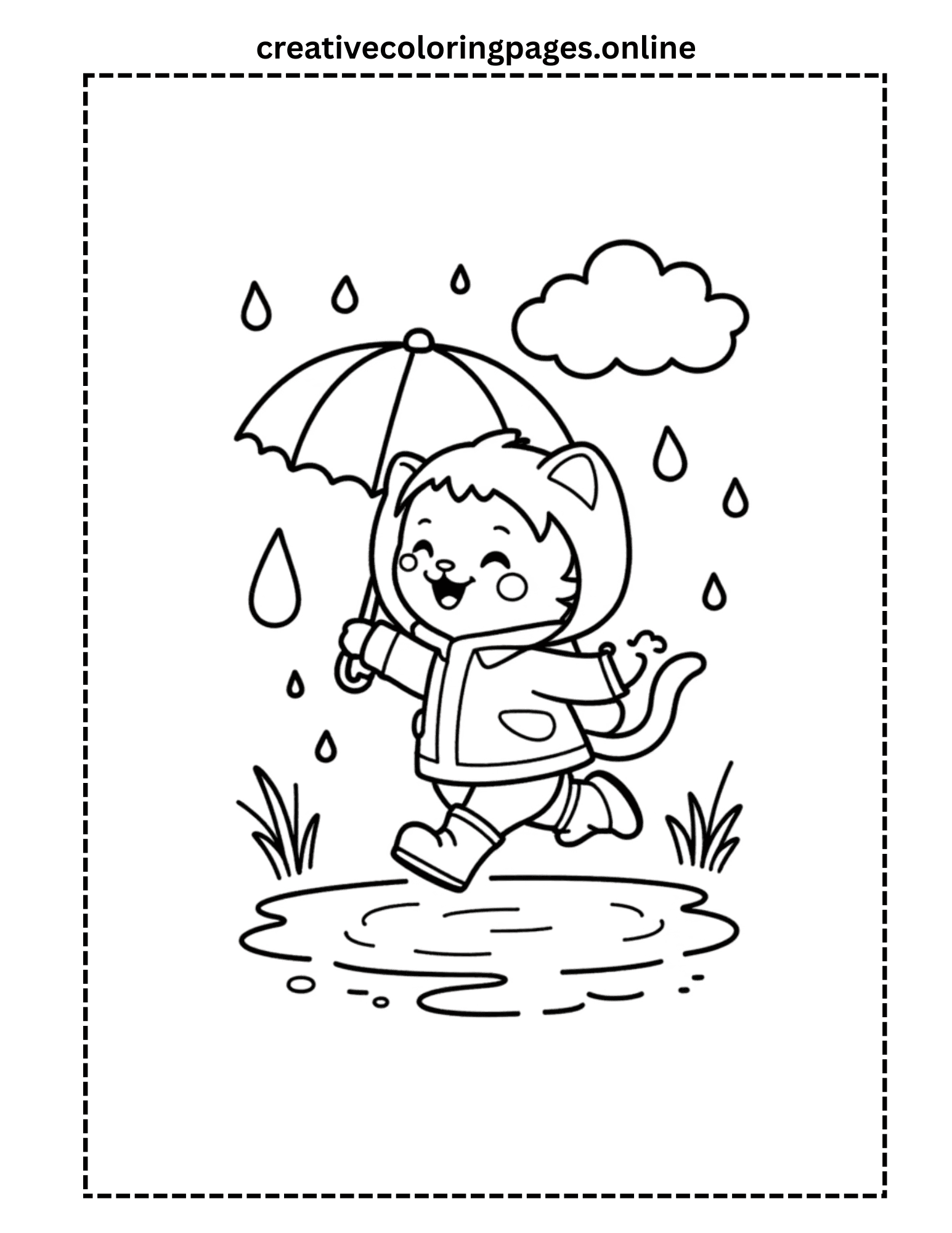 Rainy Day Cat Coloring Page - Kawaii Cat with Umbrella - Image 1