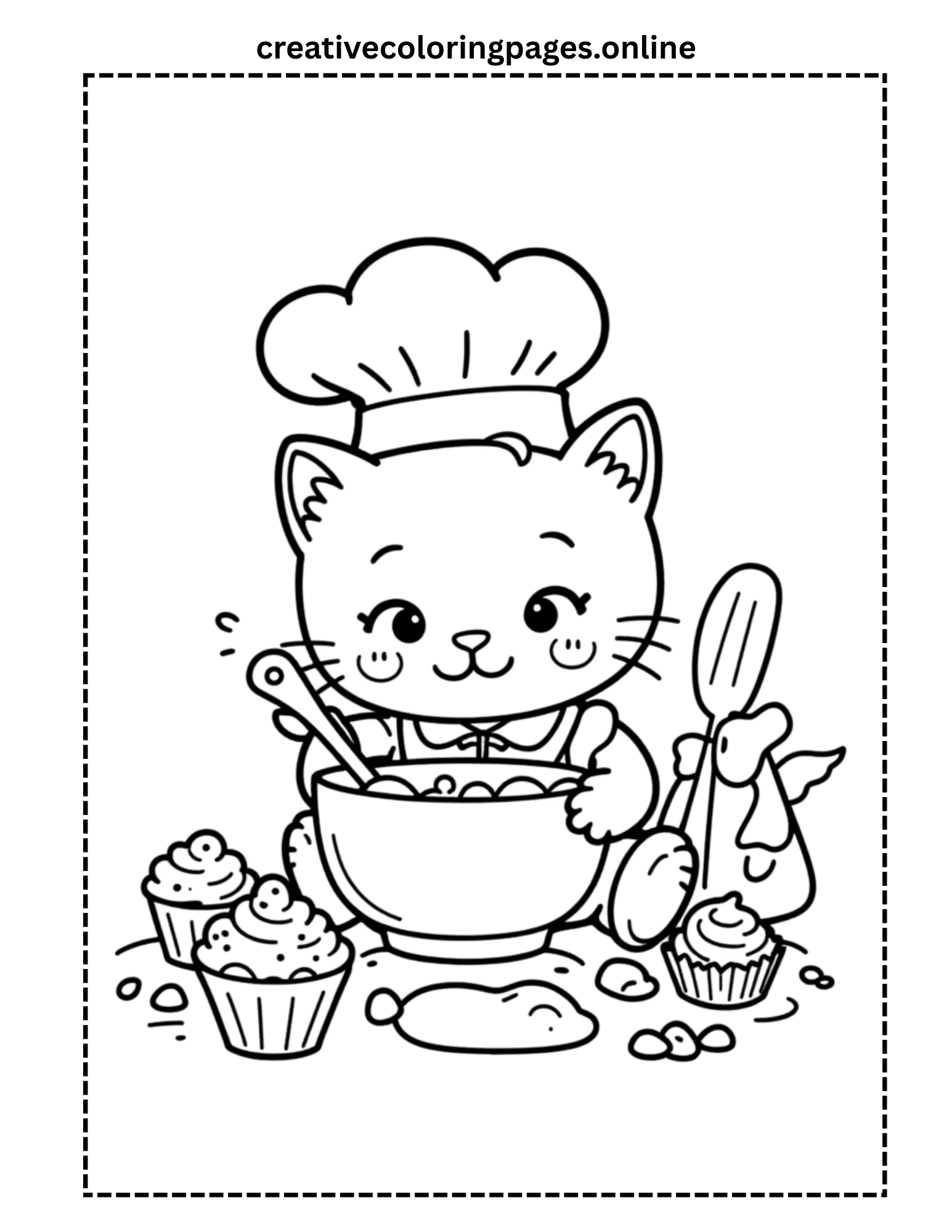 Baking Cat Coloring Page - Kawaii Chef Cat with Cupcakes