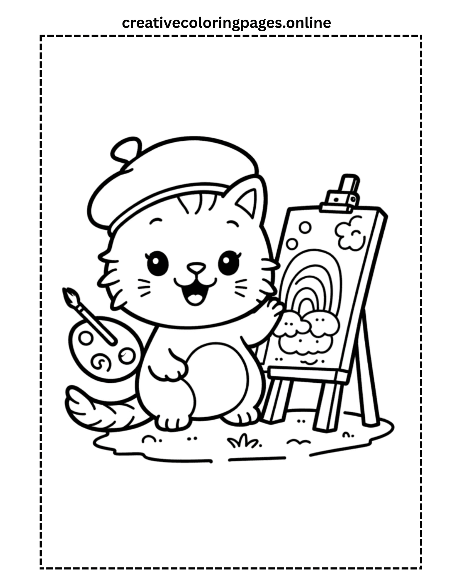 Artist Cat Coloring Page - Kawaii Cat Painting Rainbow