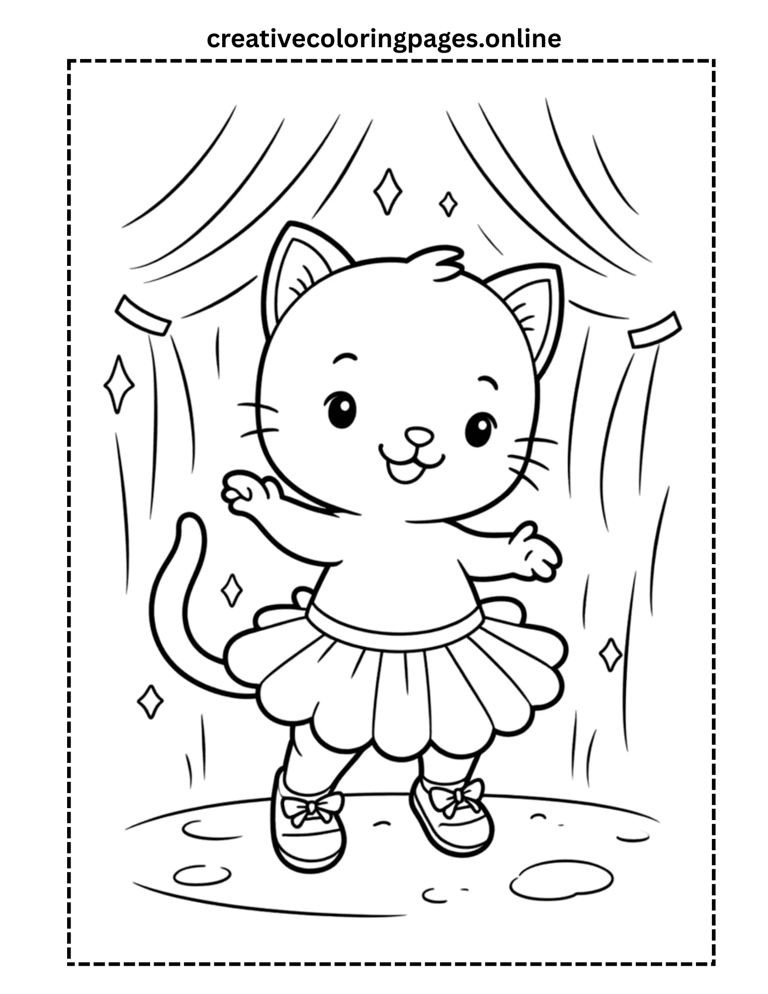 Ballet Cat Coloring Page - Kawaii Dancing Cat on Stage