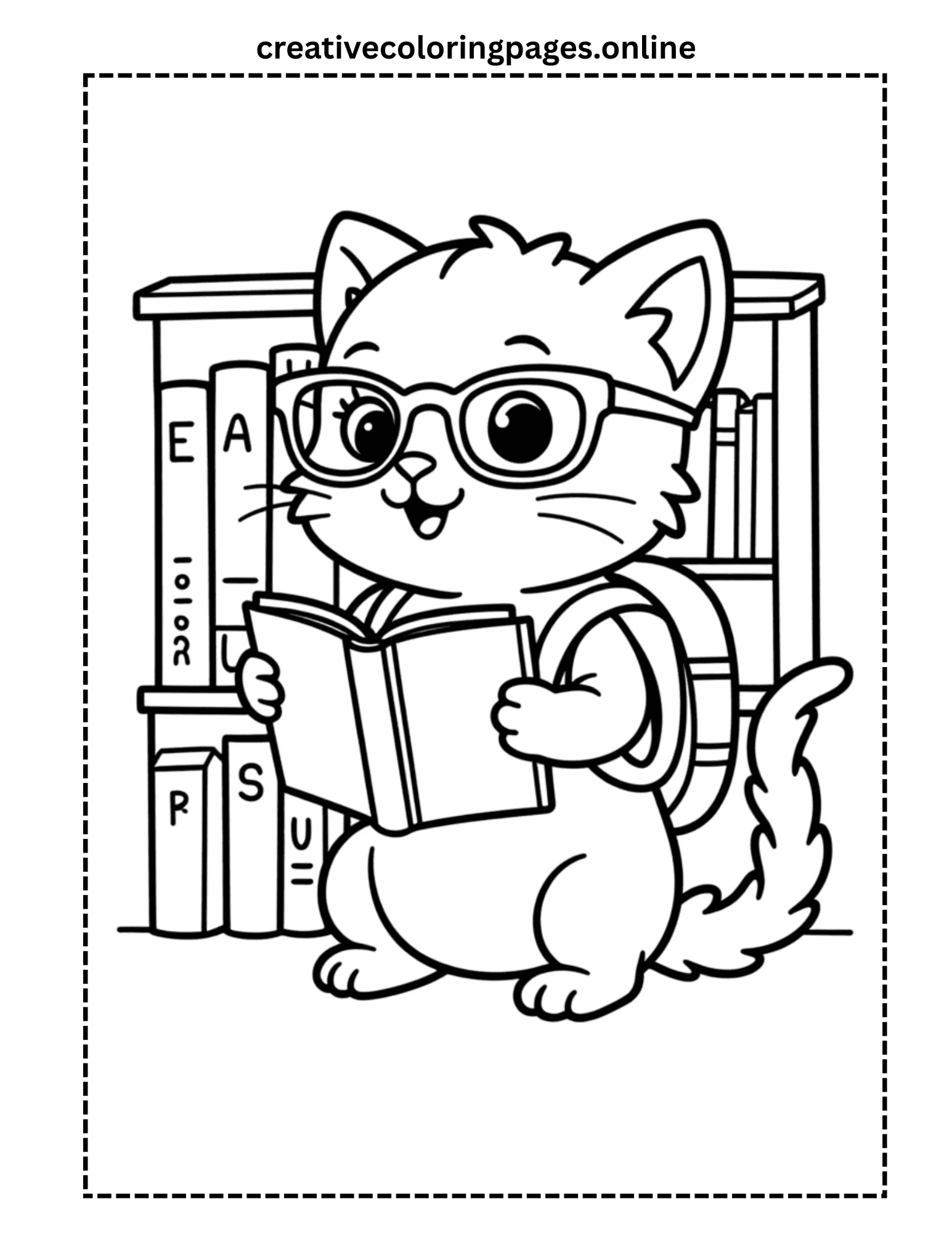 Reading Cat Coloring Page - Kawaii Cat with Books Library - Image 1