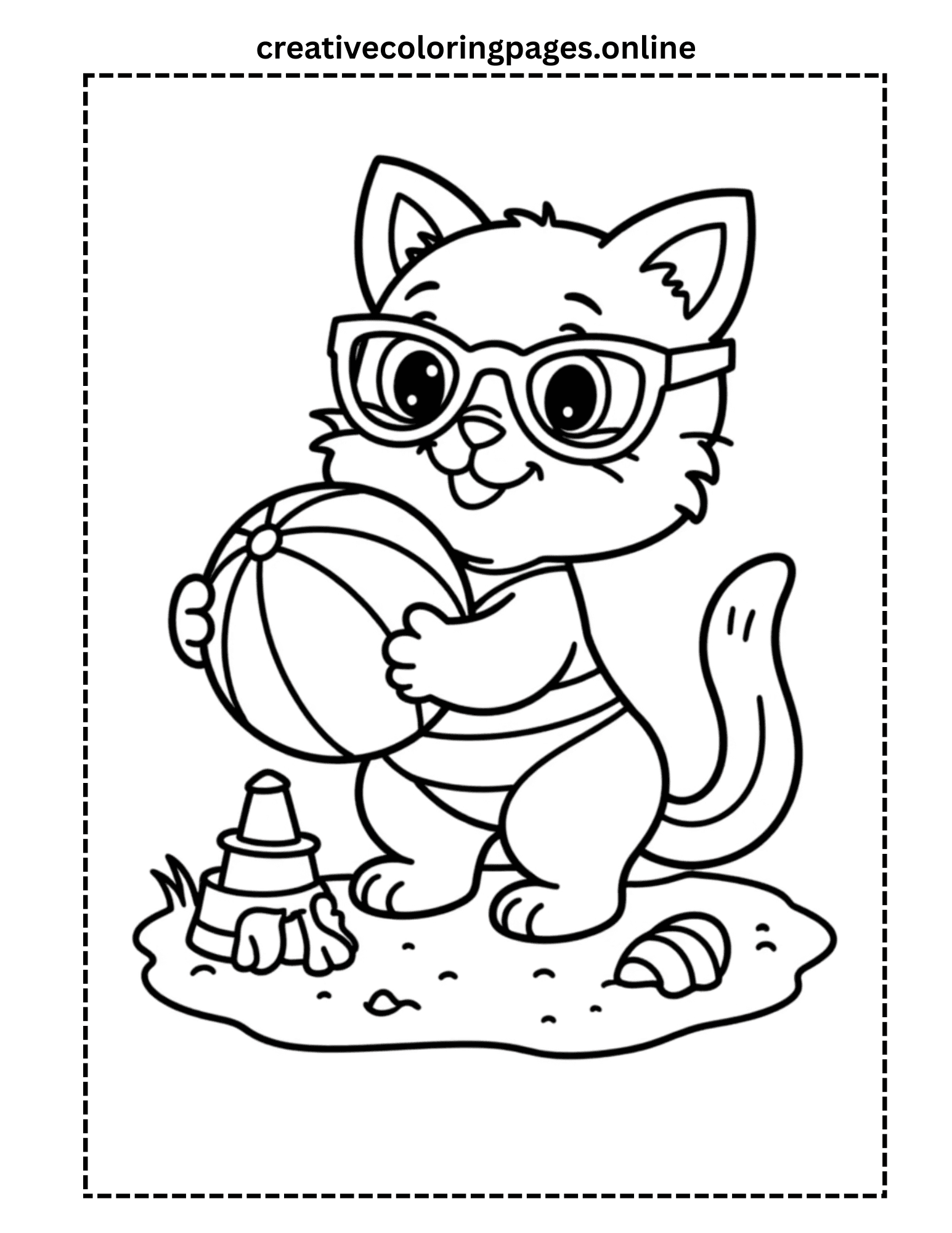 Beach Cat Coloring Page - Kawaii Cat with Sandcastle