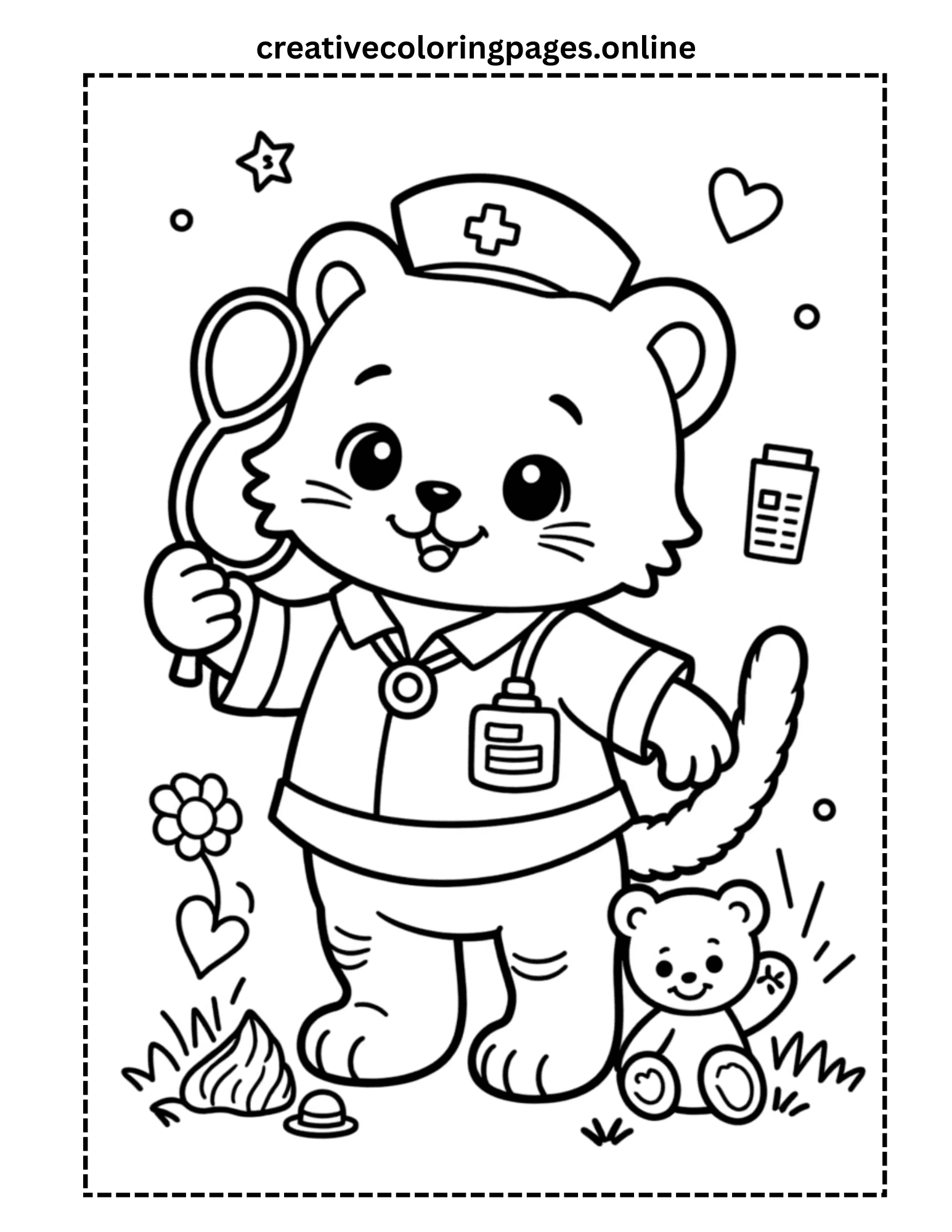 Doctor Cat Coloring Page - Kawaii Nurse Cat with Stethoscope