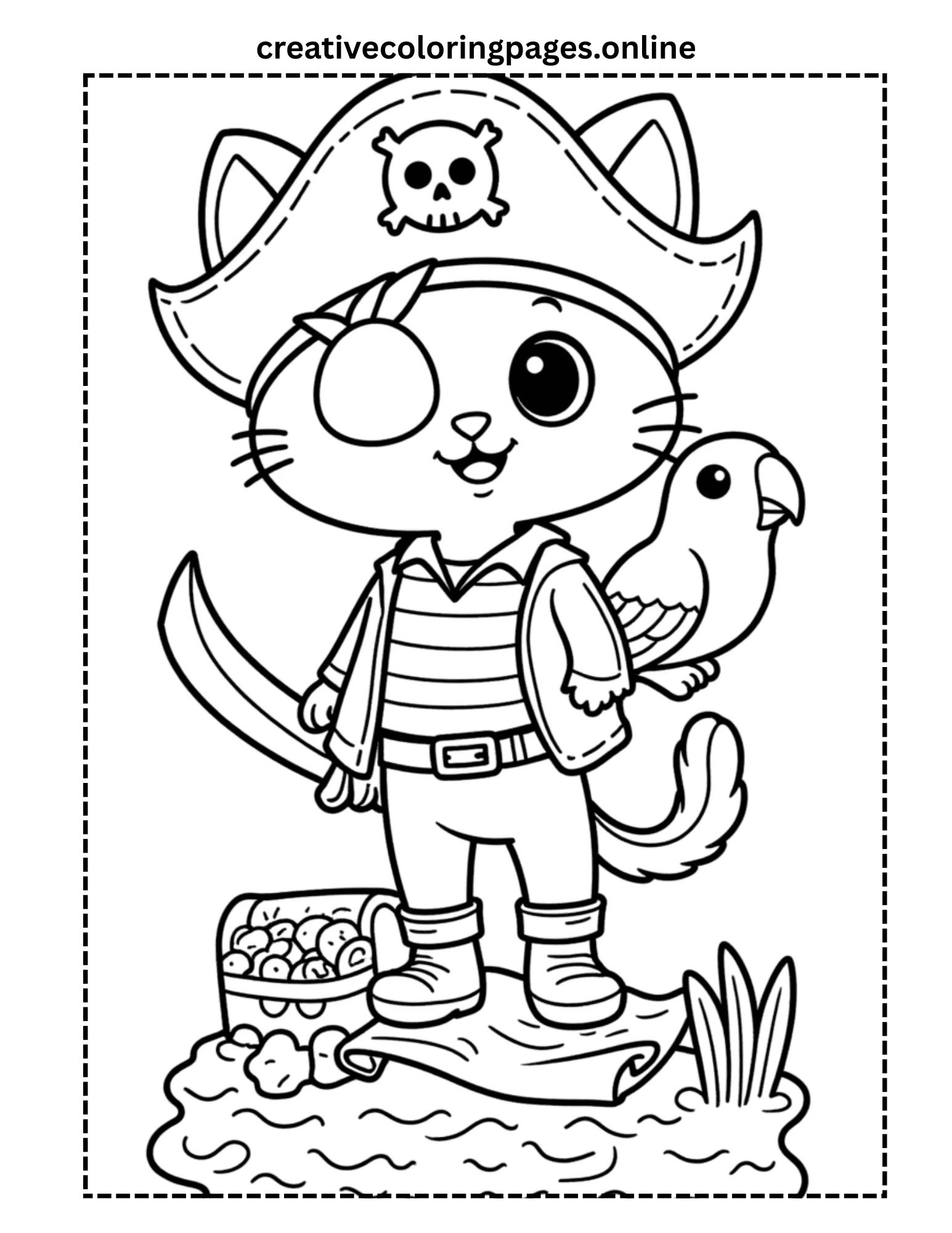 Pirate Cat Coloring Page - Kawaii Cat with Parrot