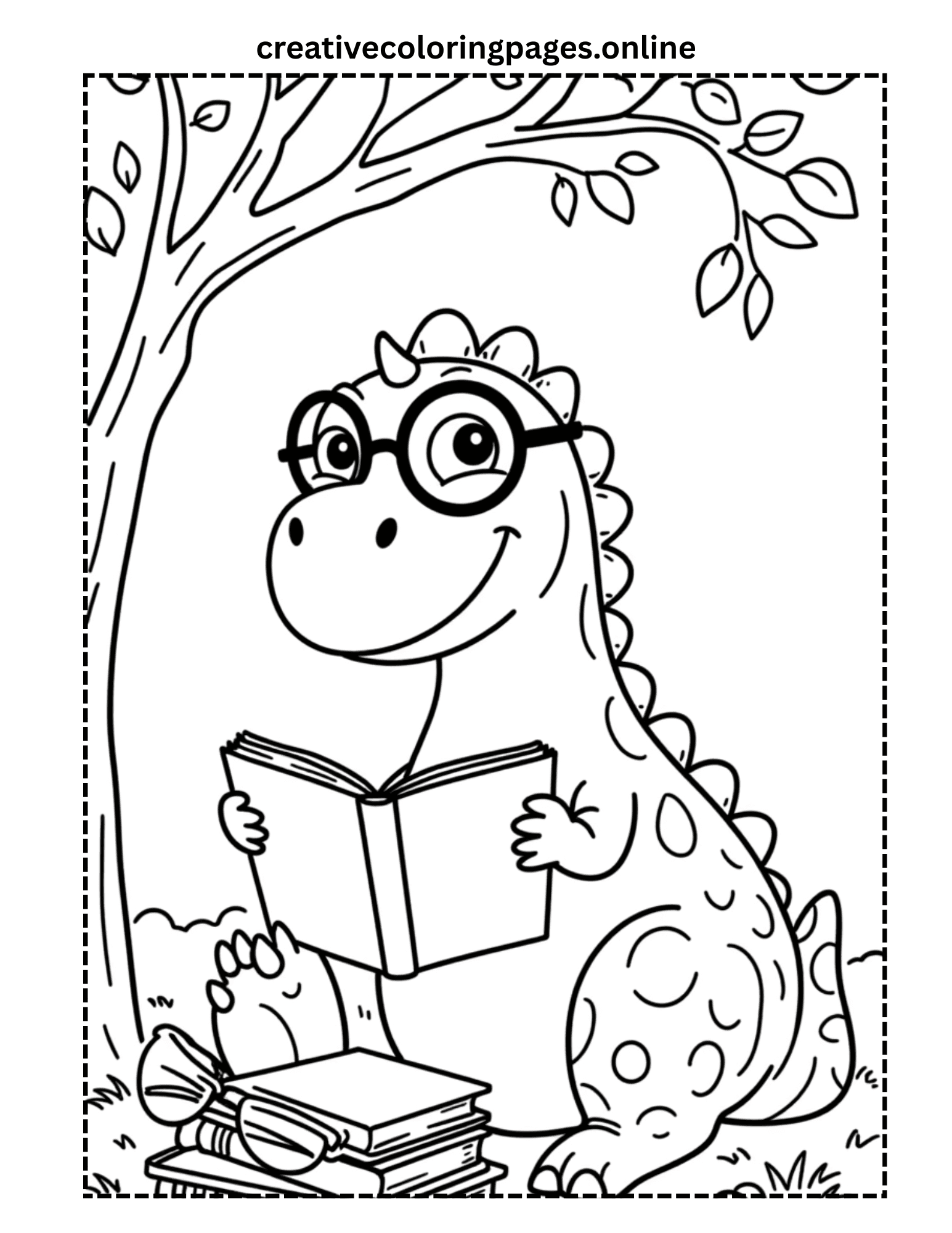 Reading Dinosaur Coloring Page - Smart Dino with Books