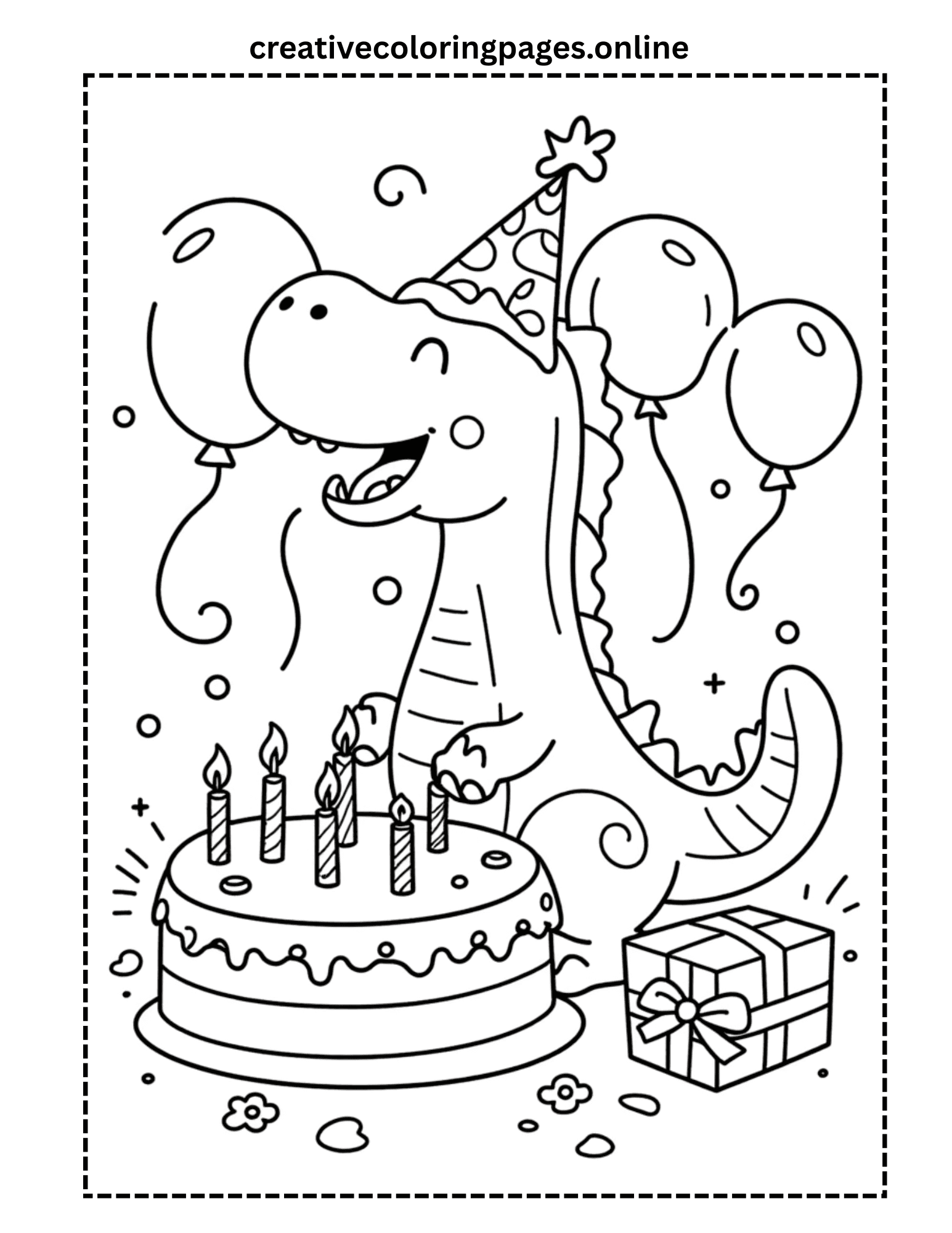 Birthday Dinosaur Coloring Page - Party Dino with Cake - Image 1