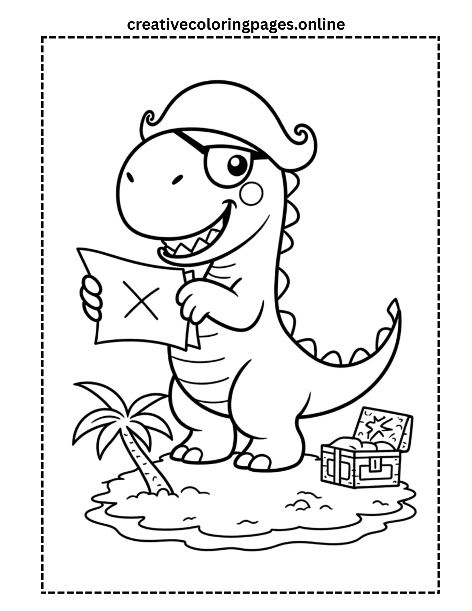 Pirate Dinosaur Coloring Page - Treasure Map Dino