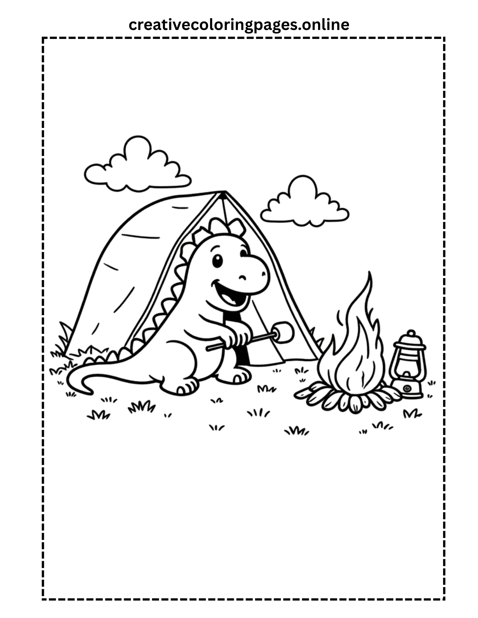 Camping Dinosaur Coloring Page - Dino with Tent - Image 1