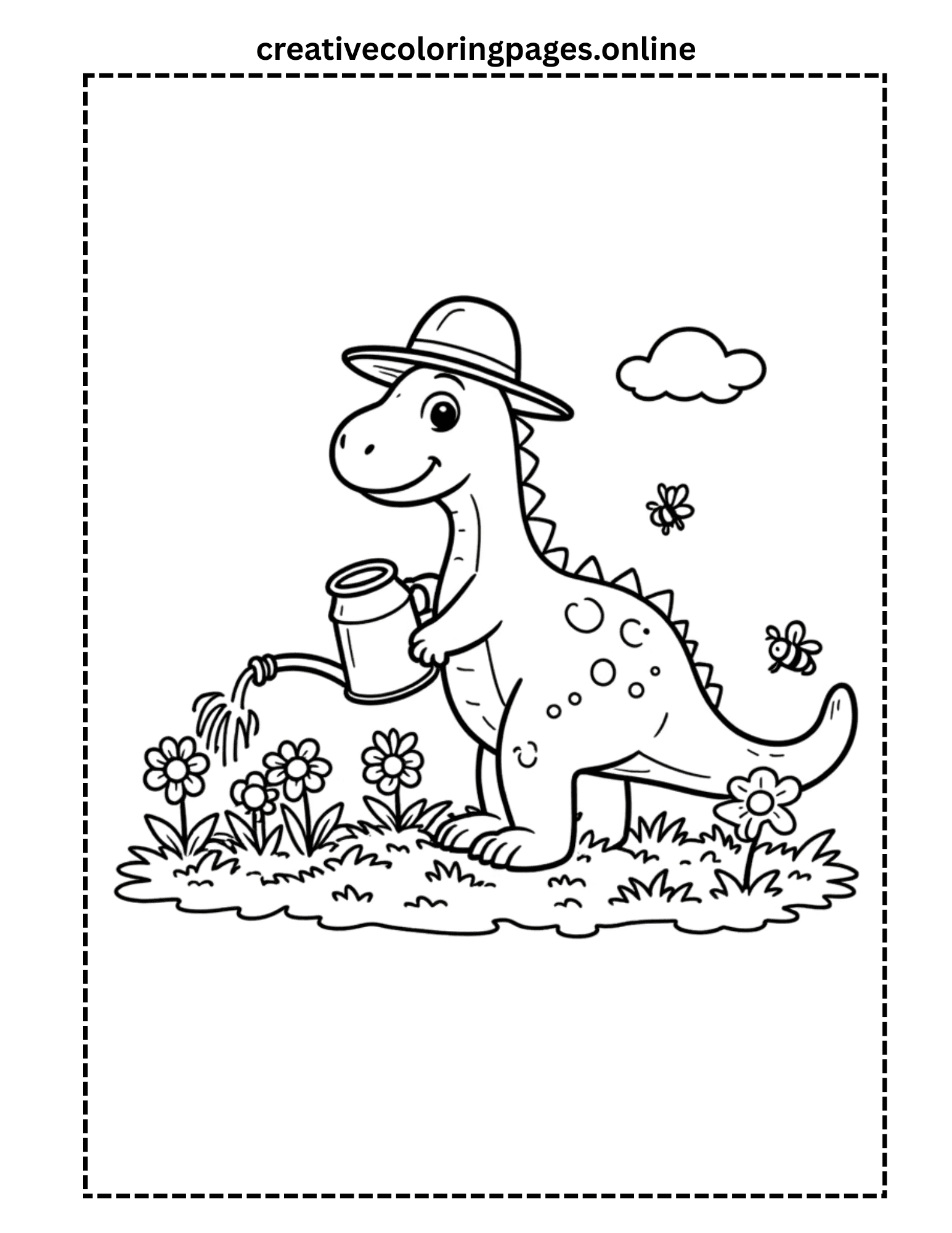 Gardening Dinosaur Coloring Page - Dino Watering Flowers