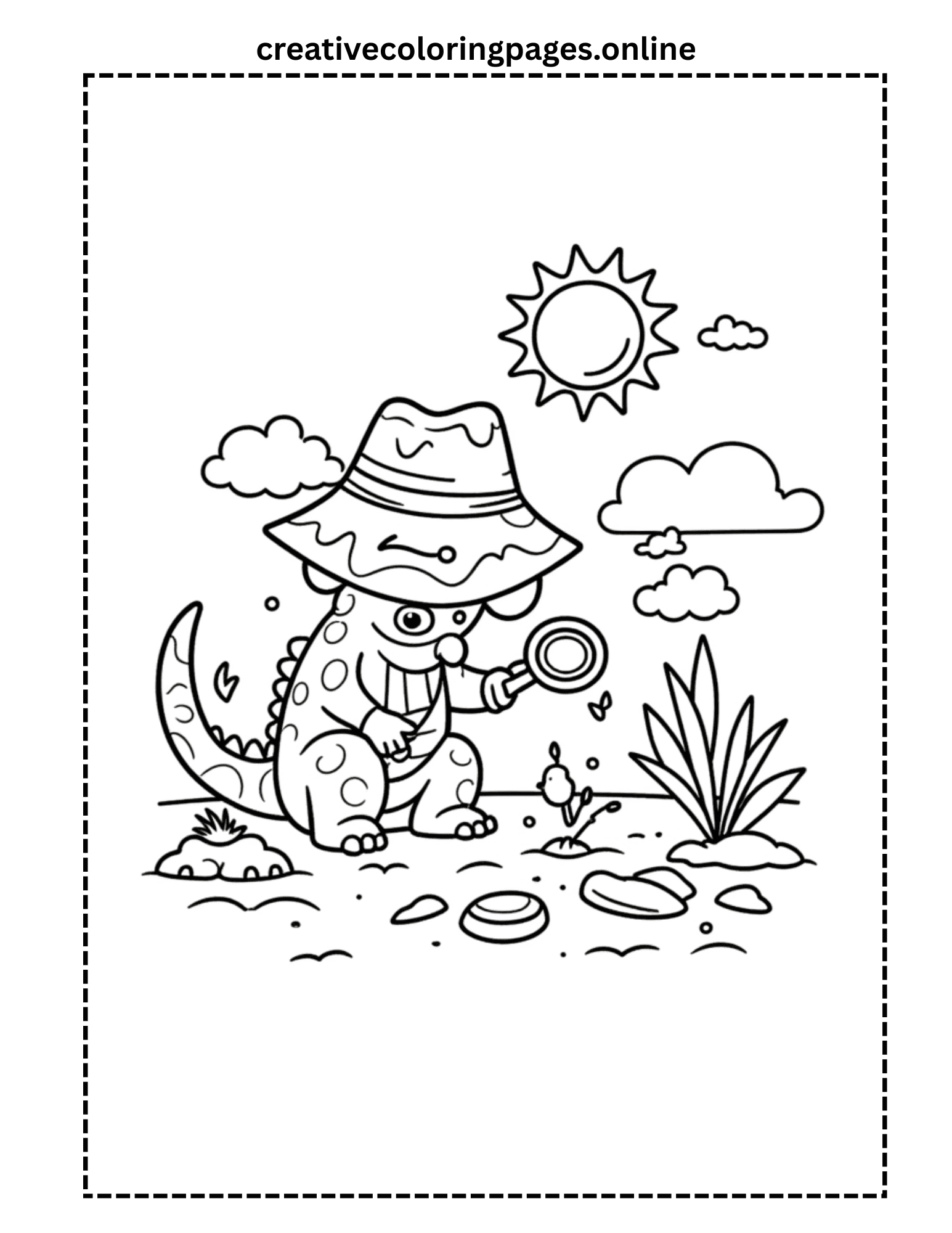 Explorer Dinosaur Coloring Page - Dino with Magnifying Glass - Image 1