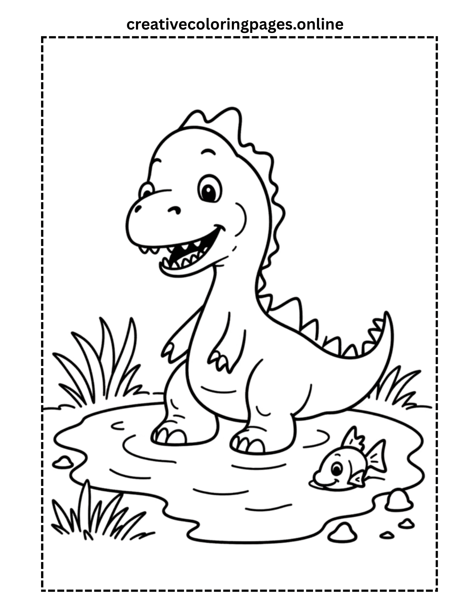 Dinosaur Coloring Page - Cute Dino with Fish Pond