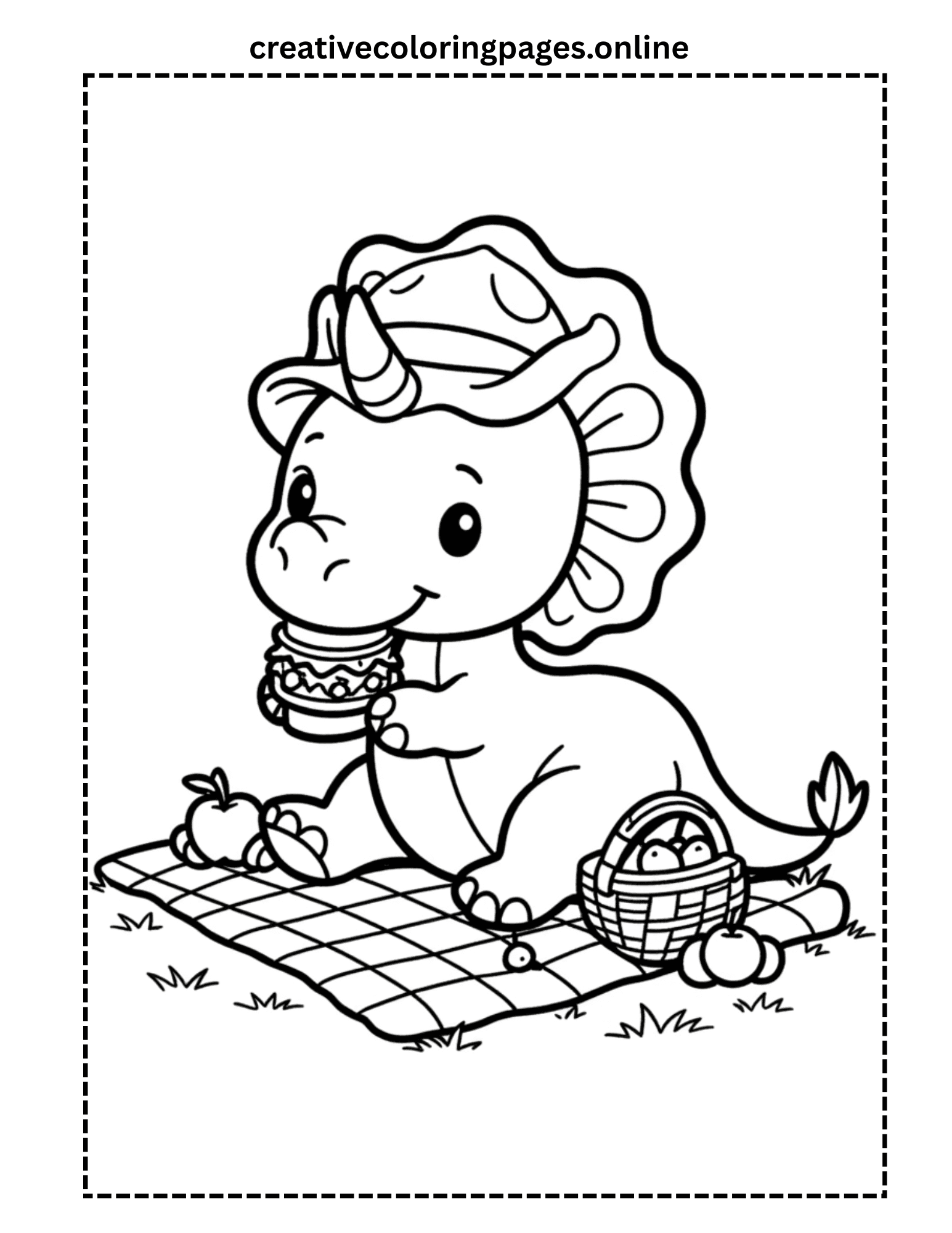Picnic Dinosaur Coloring Page - Cute Dino Eating - Image 1