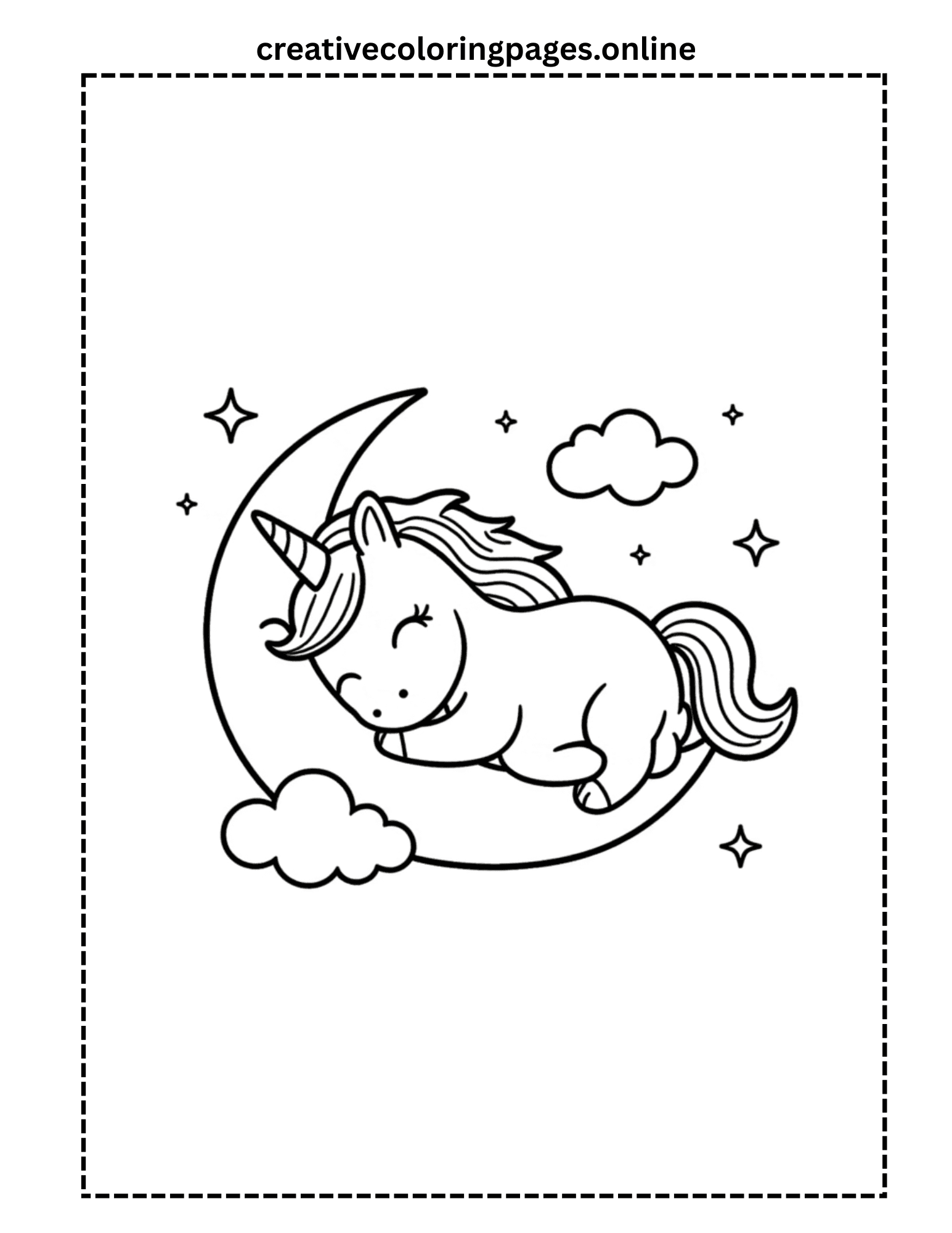 Sleeping Unicorn Coloring Page - Moon & Stars - Image 1