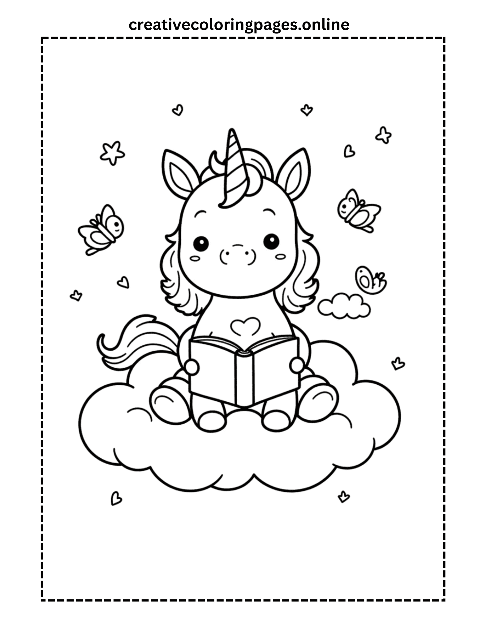 Reading Unicorn Coloring Page - Book & Clouds - Image 1