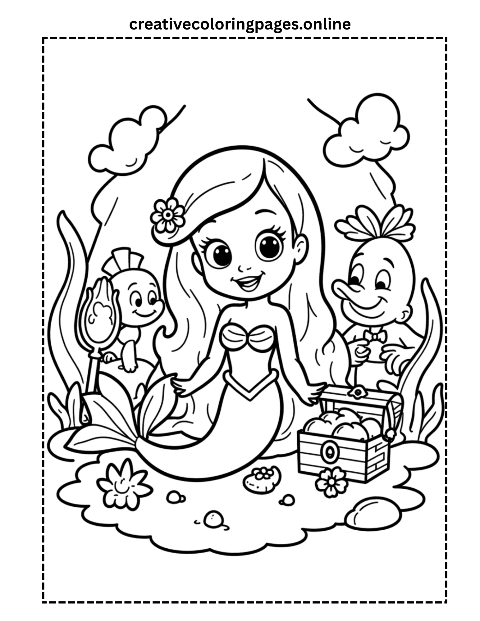Mermaid Friends Coloring Page - Fish & Treasure - Image 1