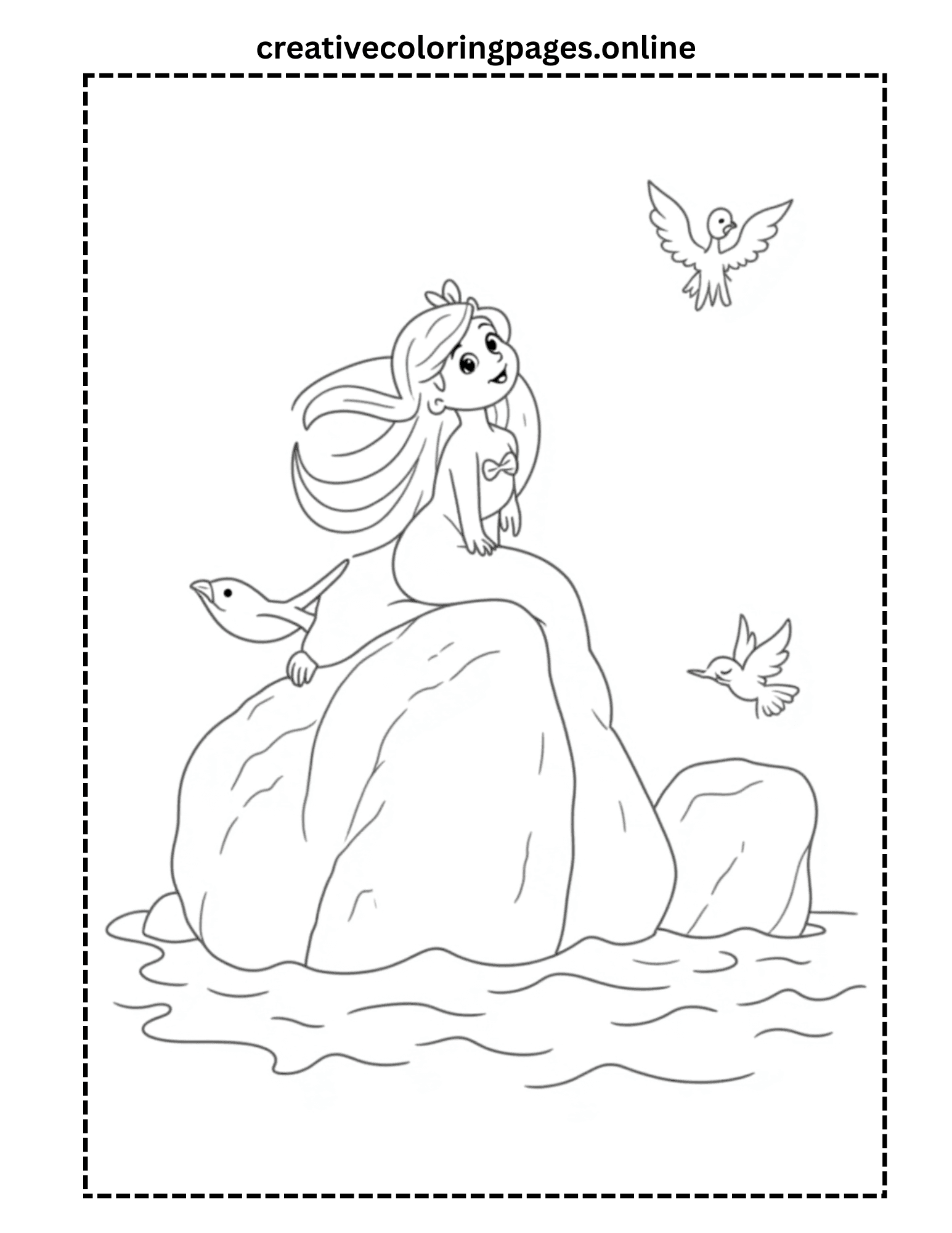 Mermaid on Rock Coloring Page - Birds & Ocean