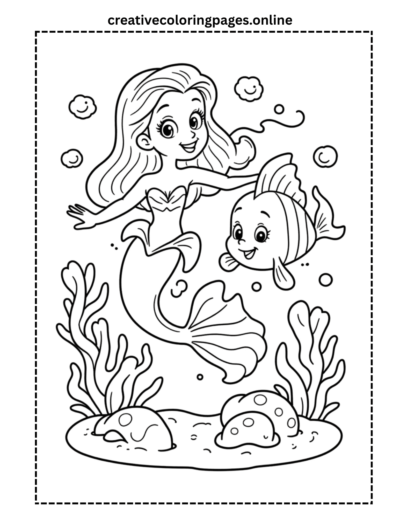 Mermaid and Fish Coloring Page - Underwater Friends - Image 1