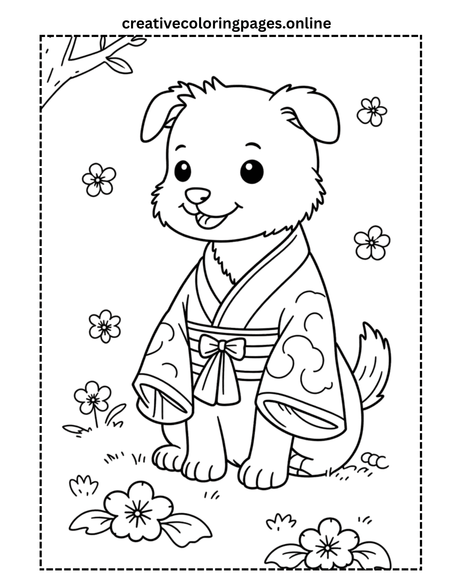 Dog in Kimono Coloring Page - Japanese Sakura - Image 1