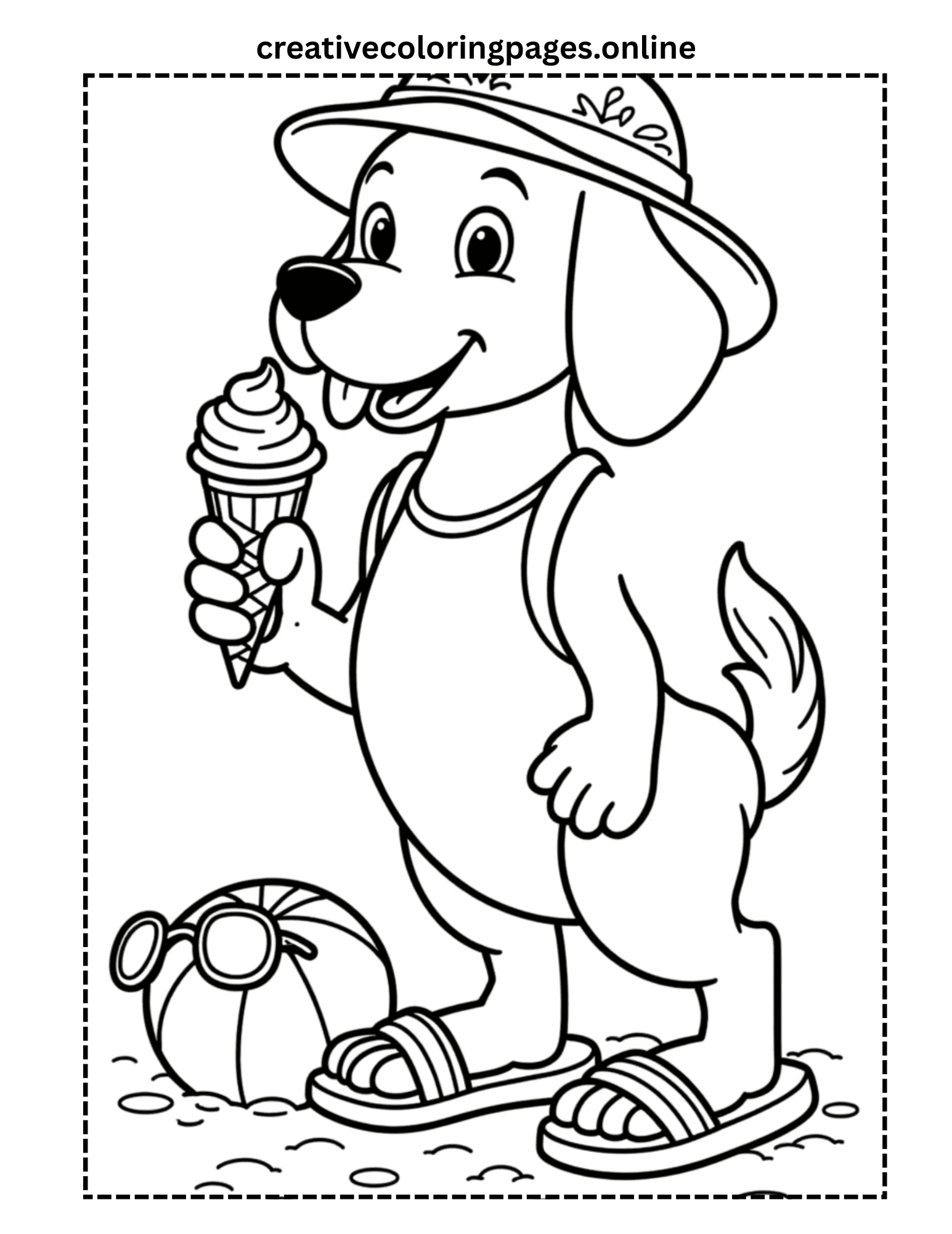 Summer Dog Coloring Page - Beach Puppy with Ice Cream - Image 1