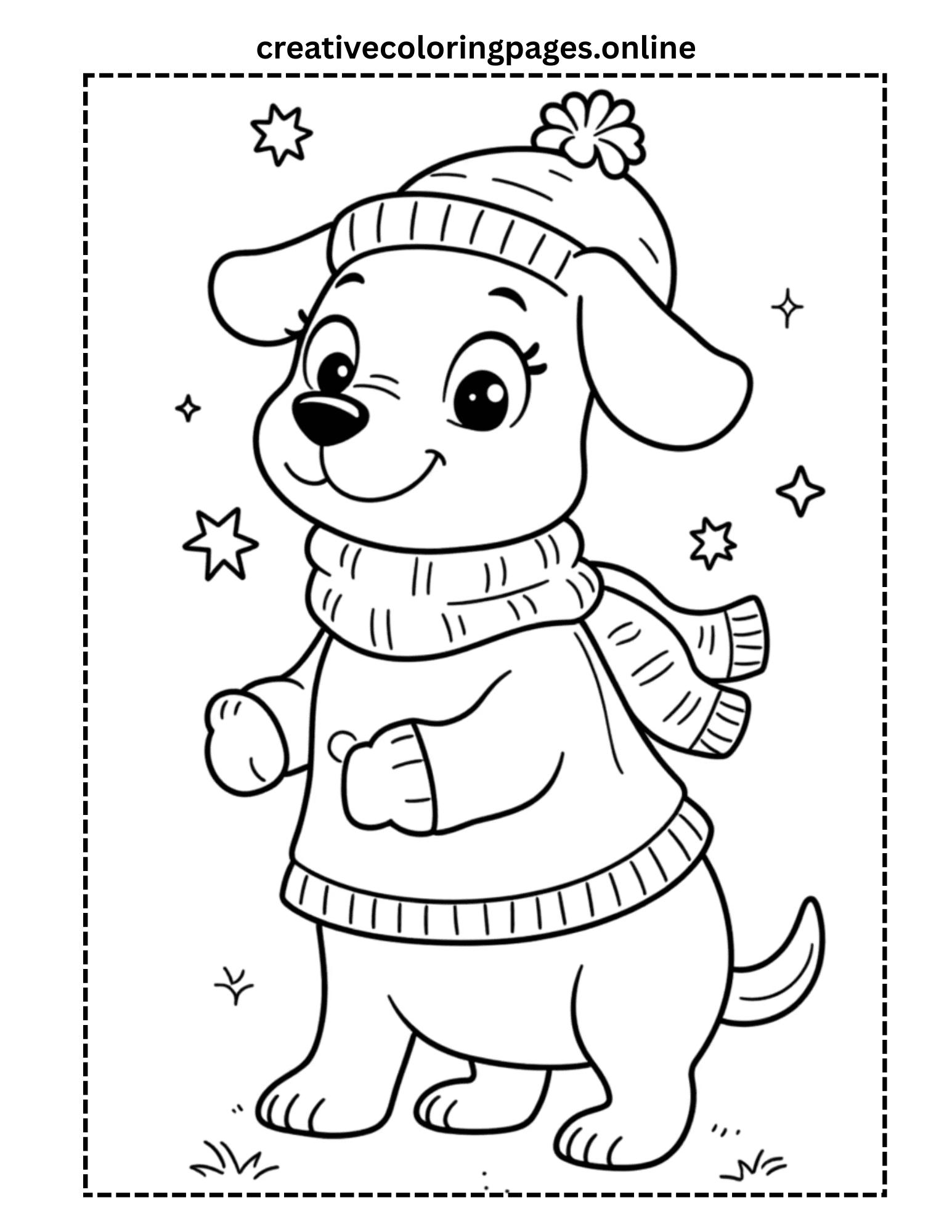 Winter Dog Coloring Page - Puppy in Hat & Scarf - Image 1