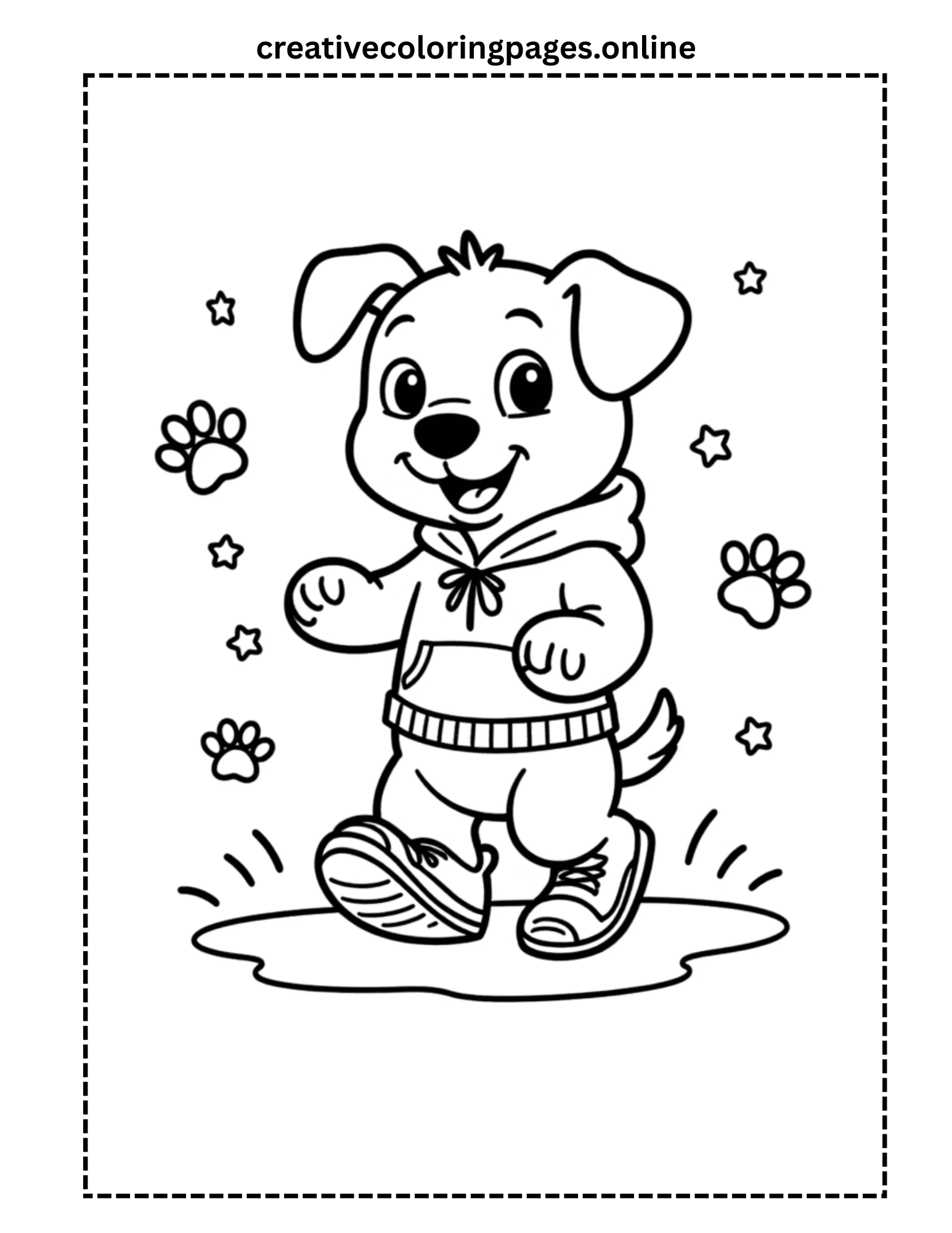 Active Puppy Coloring Page - Dog in Hoodie & Sneakers