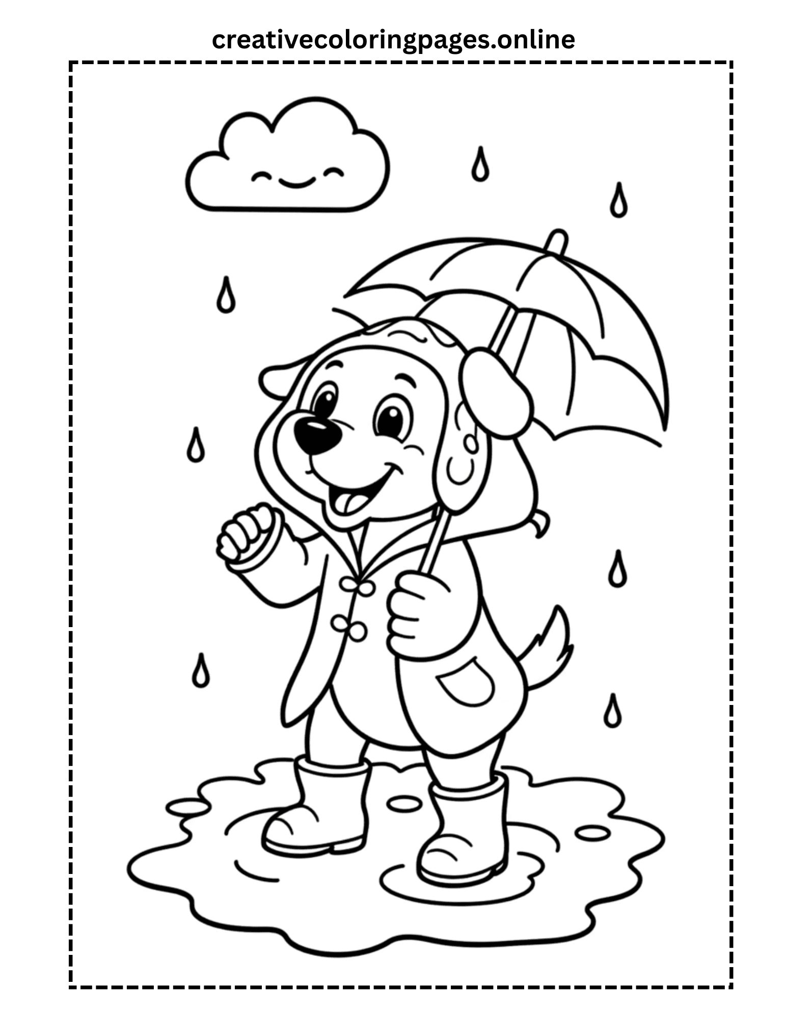 Rainy Day Dog Coloring Page - Puppy with Umbrella - Image 1