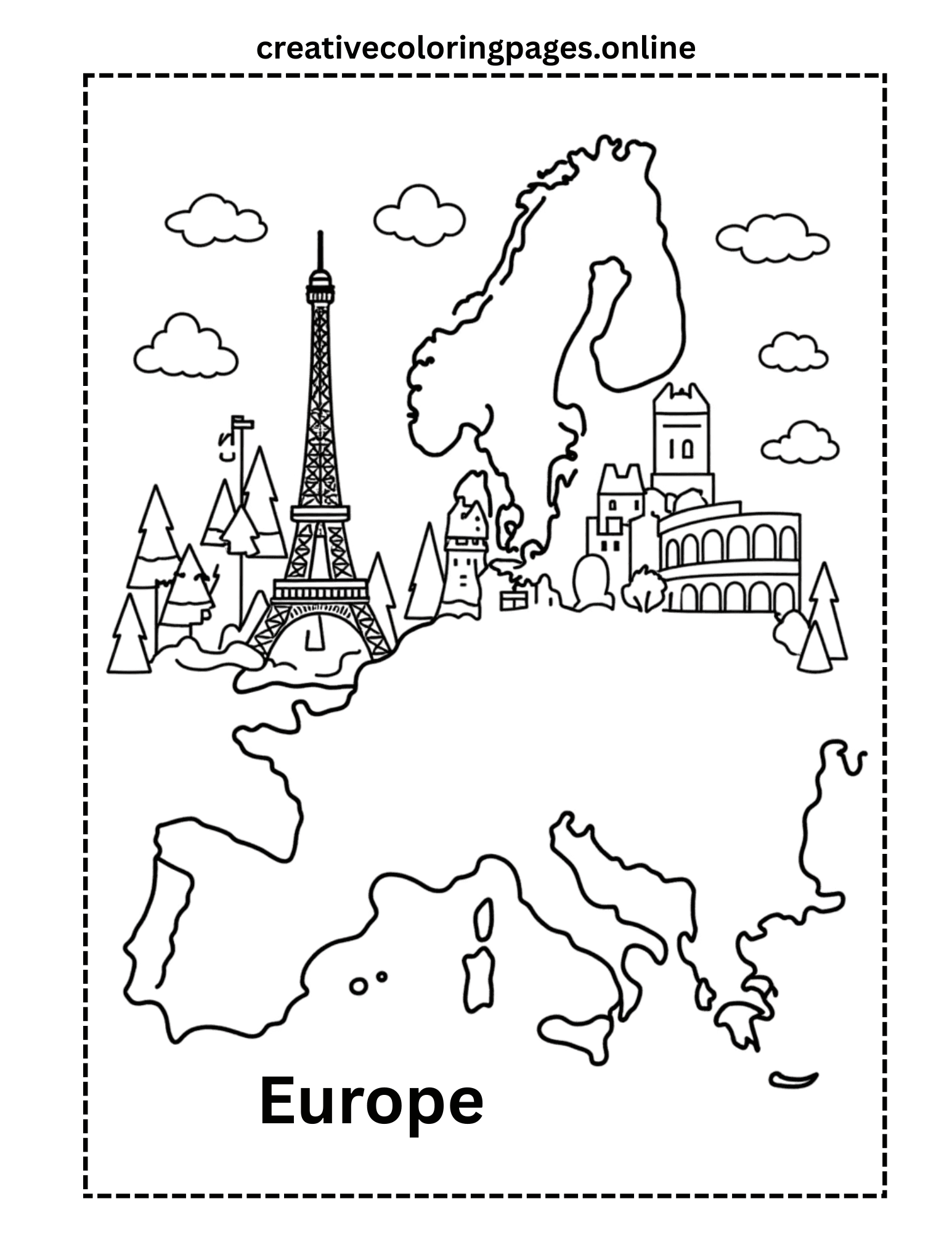 Europe Coloring Page - Continent & Landmarks Map - Image 1