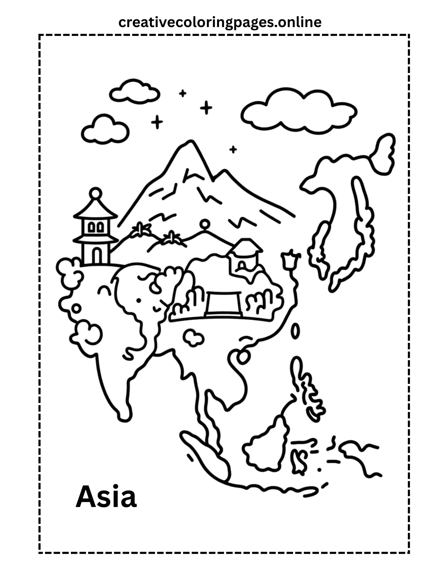 Asia Coloring Page - Continent Map & Landmarks - Image 1