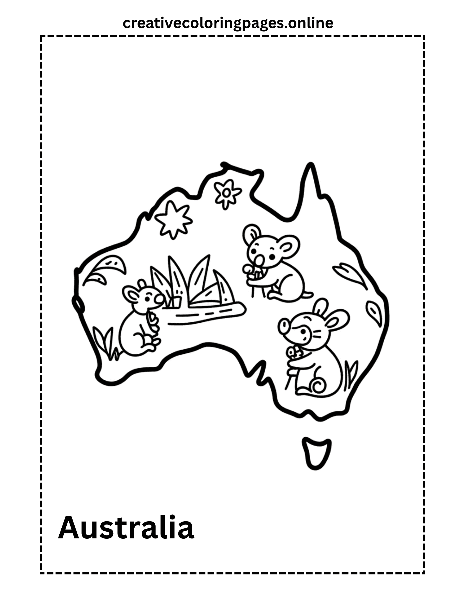 Australia Coloring Page - Continent Map & Animals - Image 1