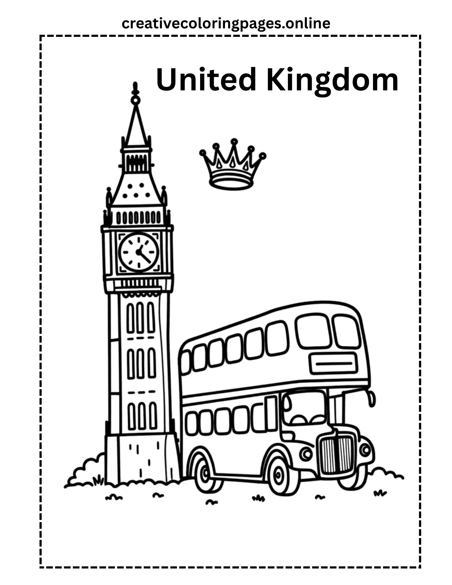United Kingdom Coloring Page - Big Ben & Bus - Image 1