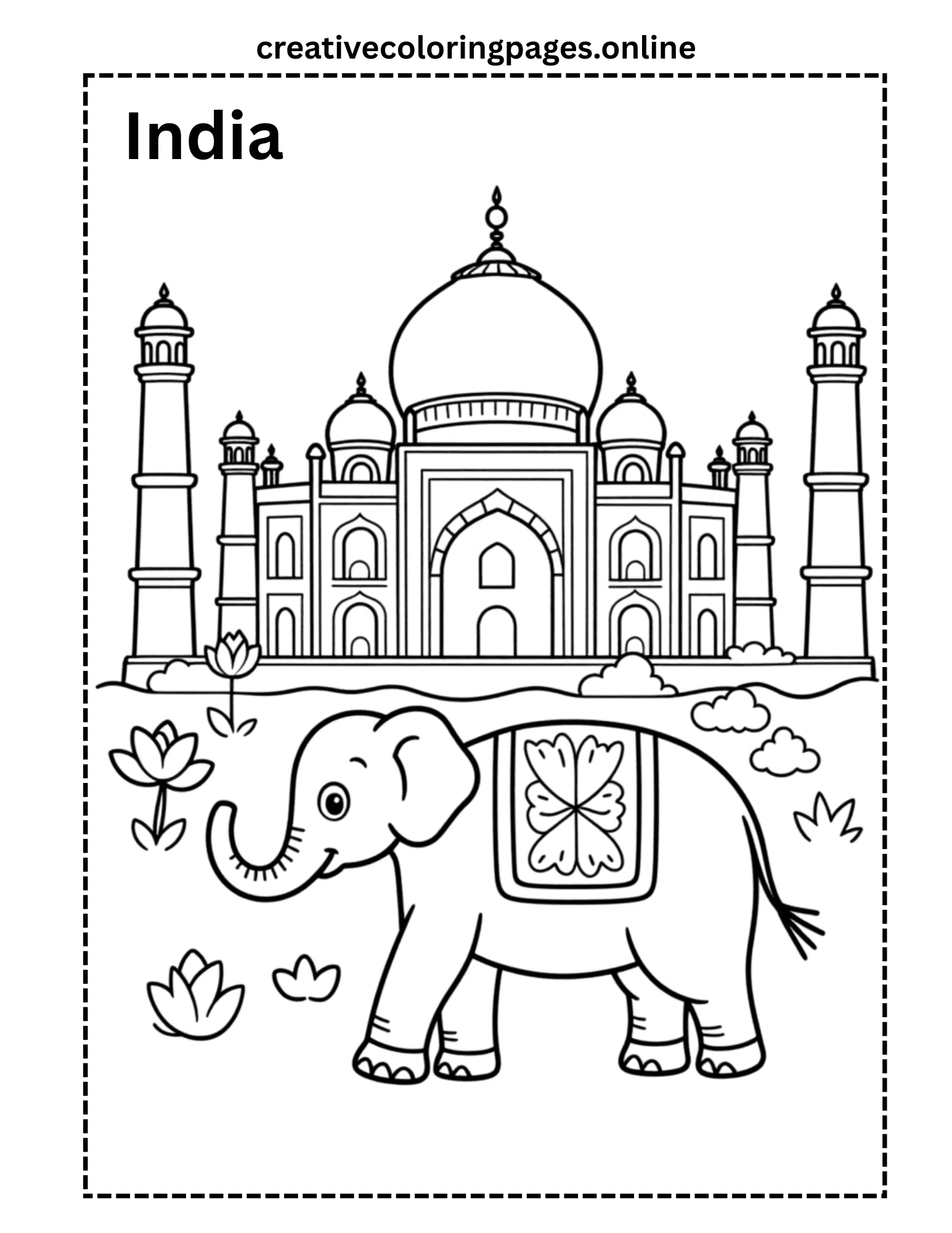 India Coloring Page - Taj Mahal & Elephant