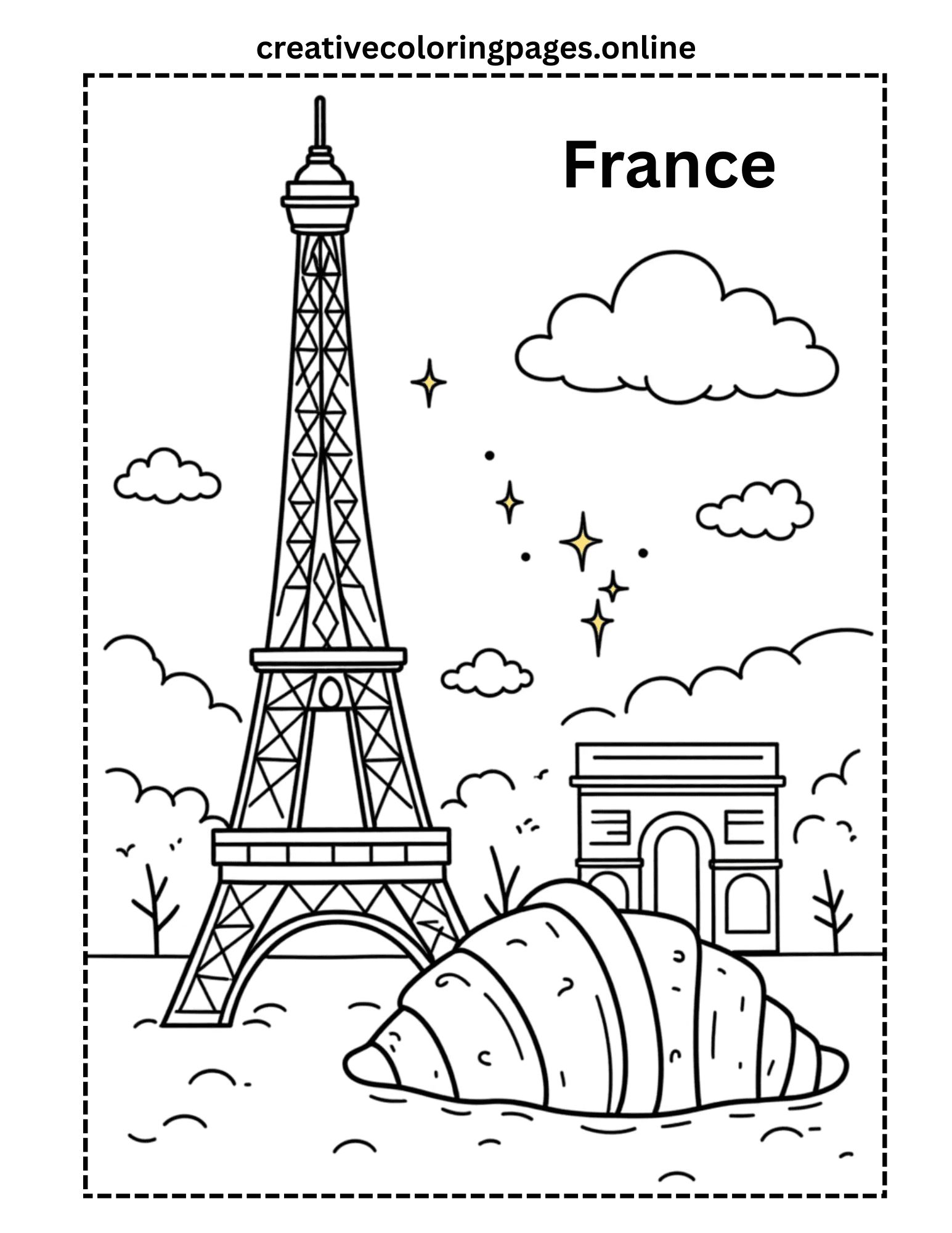 France Coloring Page - Eiffel Tower & Croissant - Image 1