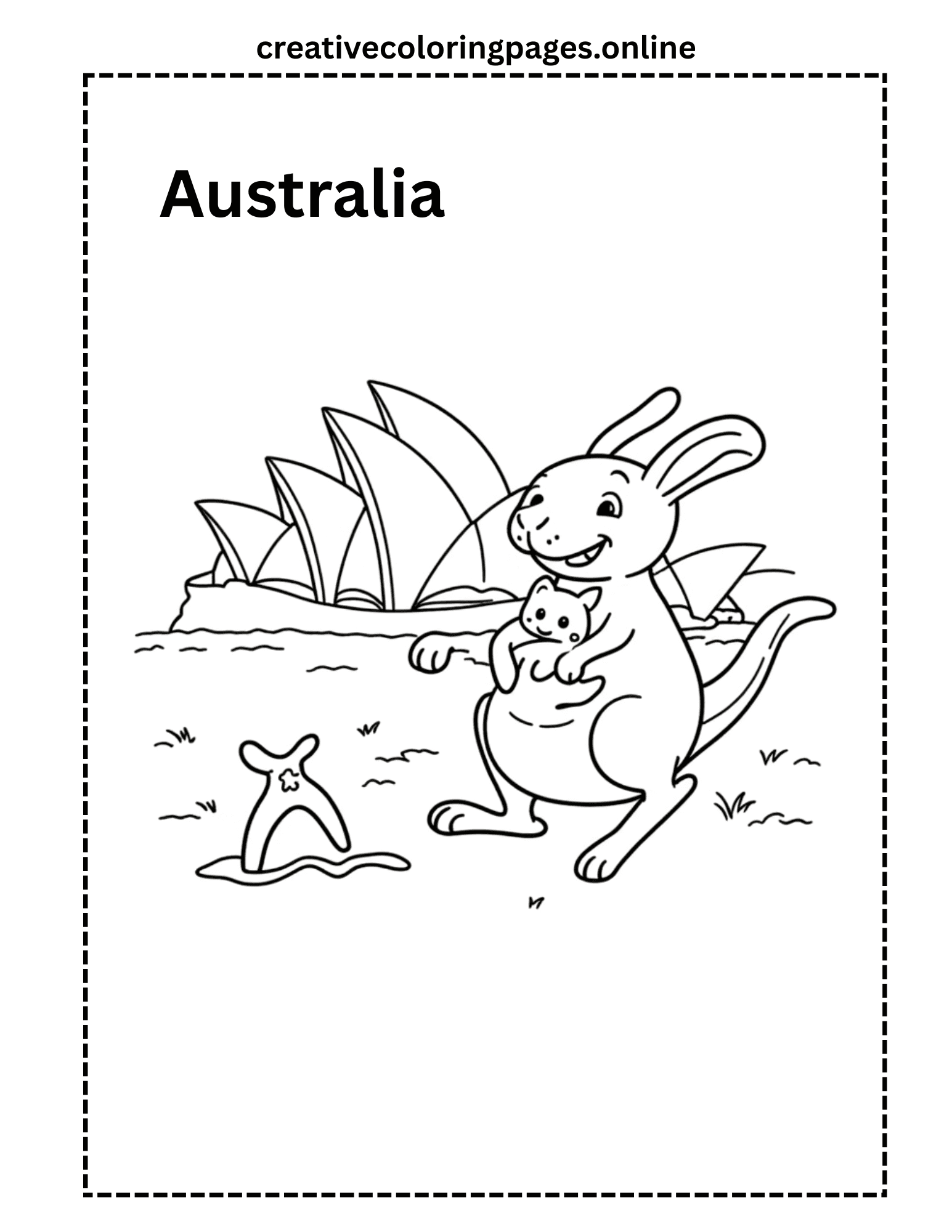 Australia Coloring Page - Kangaroo & Opera House - Image 1