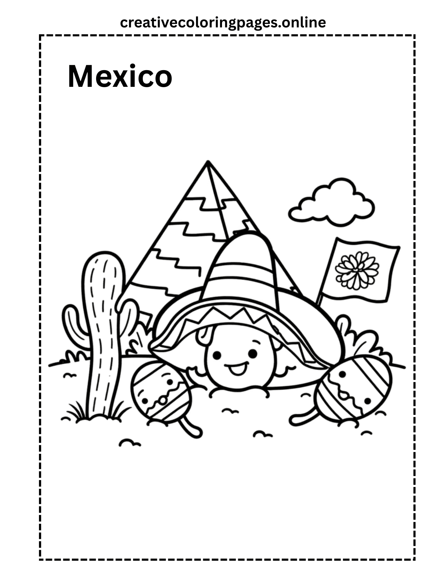 Mexico Coloring Page - Pyramid, Sombrero & Cactus - Image 1
