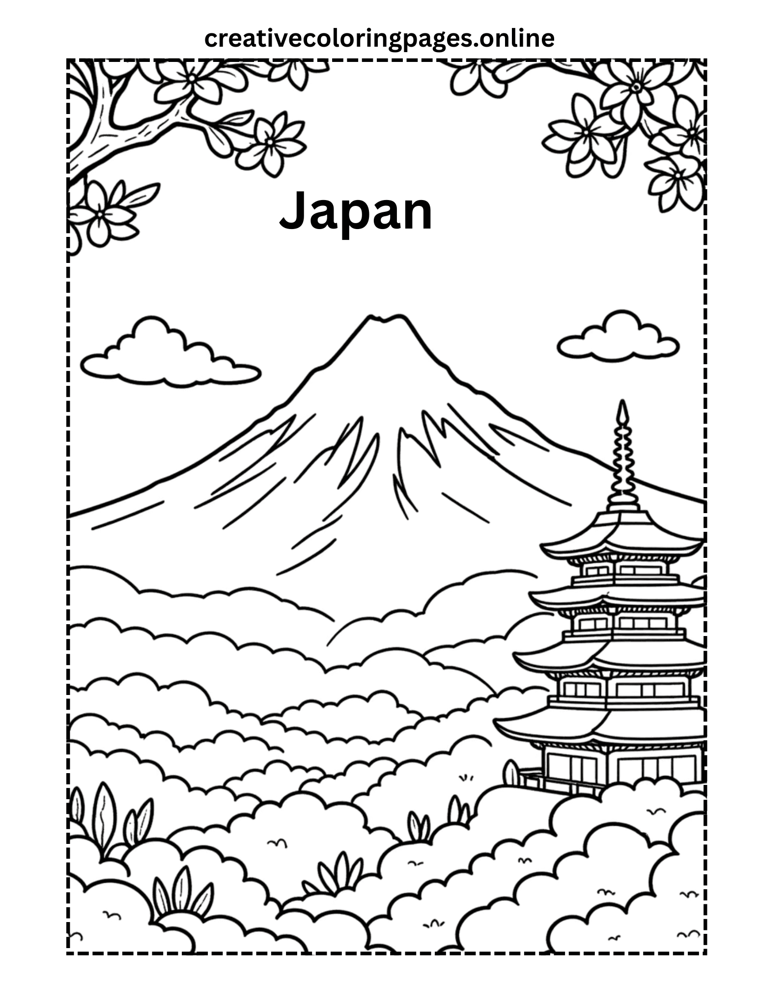 Japan Coloring Page - Mount Fuji & Pagoda