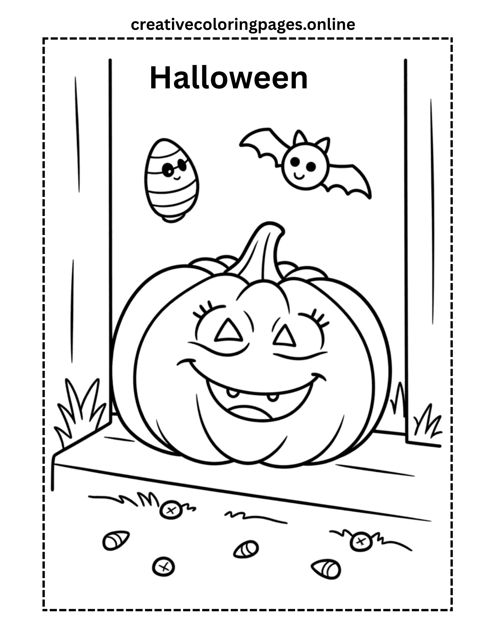 Halloween Coloring Page - Pumpkin, Bat & Mummy - Image 1