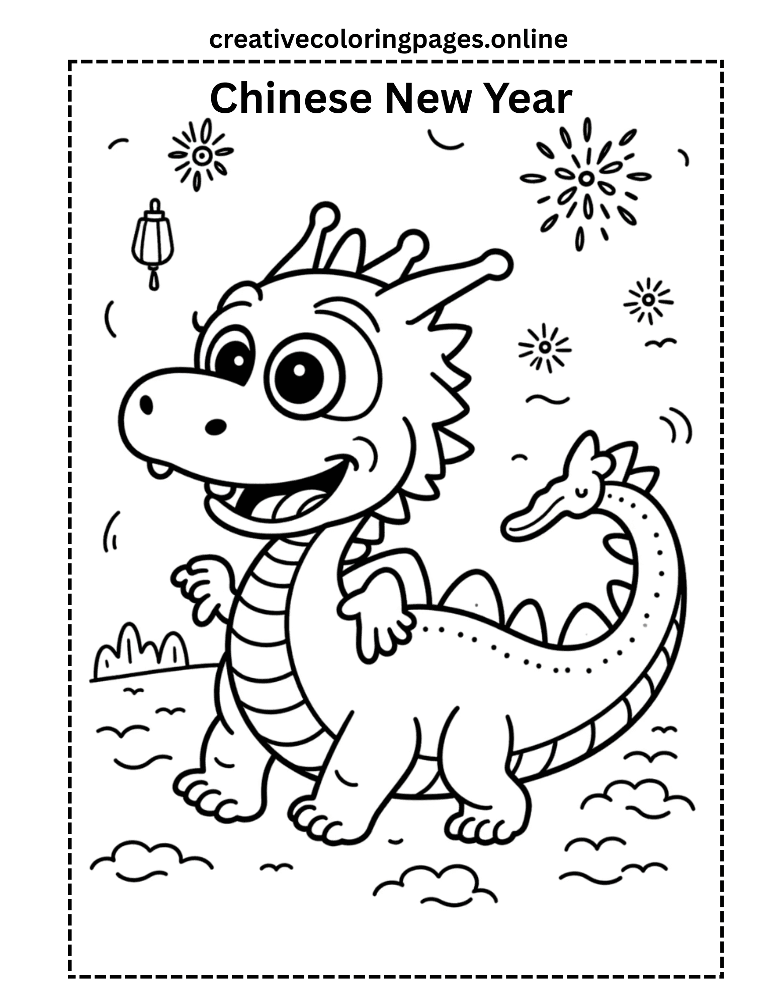 Chinese New Year Dragon Coloring Page - Lantern & Fireworks - Image 1