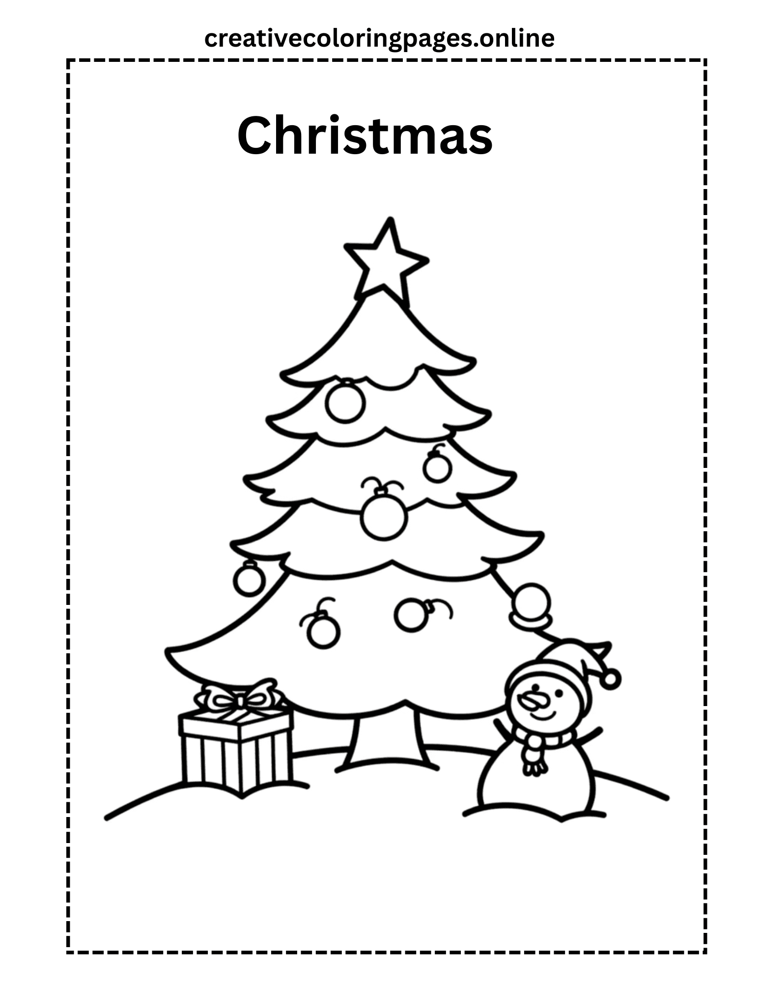 Christmas Tree Coloring Page - Snowman & Gifts - Image 1